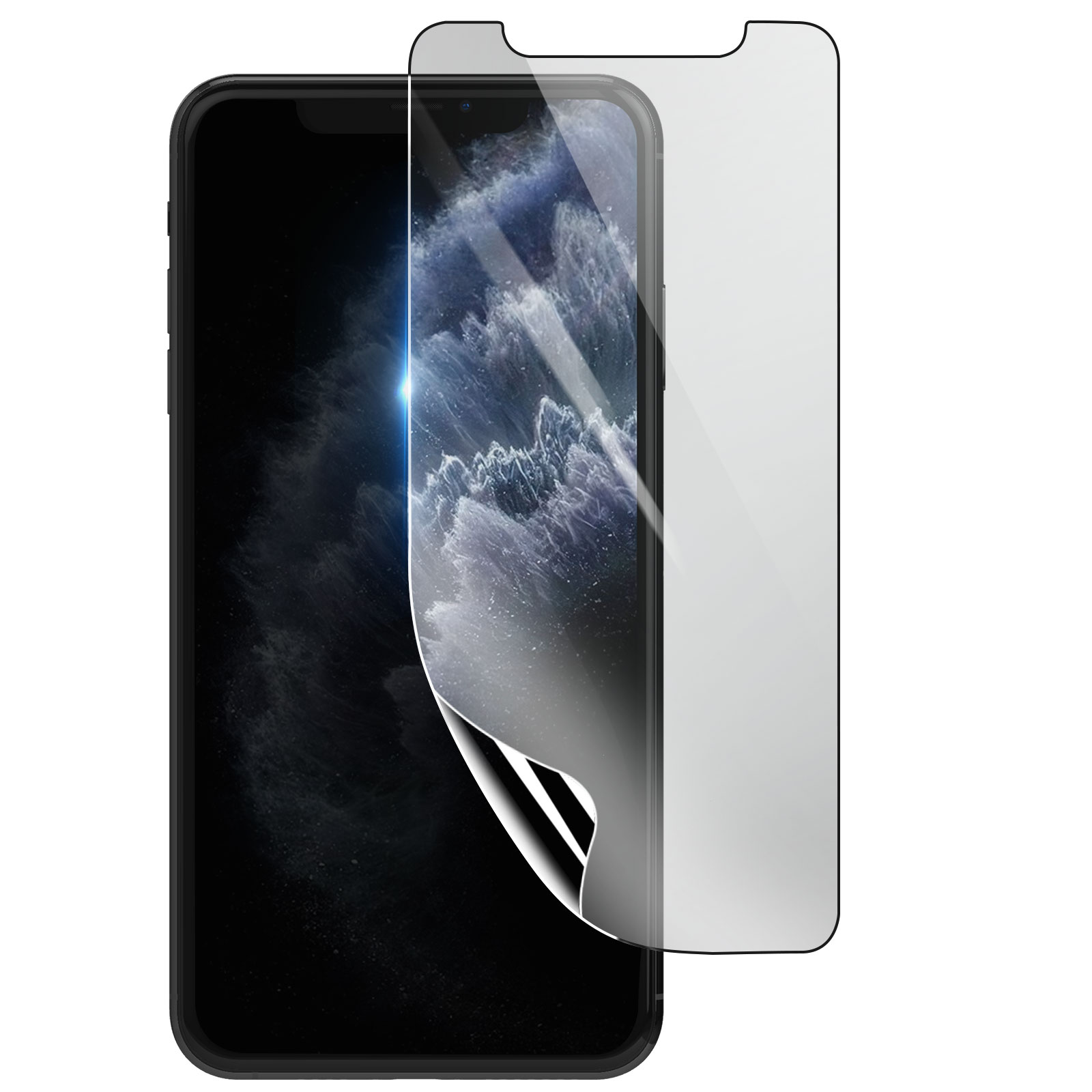 Uno smartphone con una protezione per lo schermo applicata. Il telefono è nero, la protezione è trasparente, parzialmente staccata.
