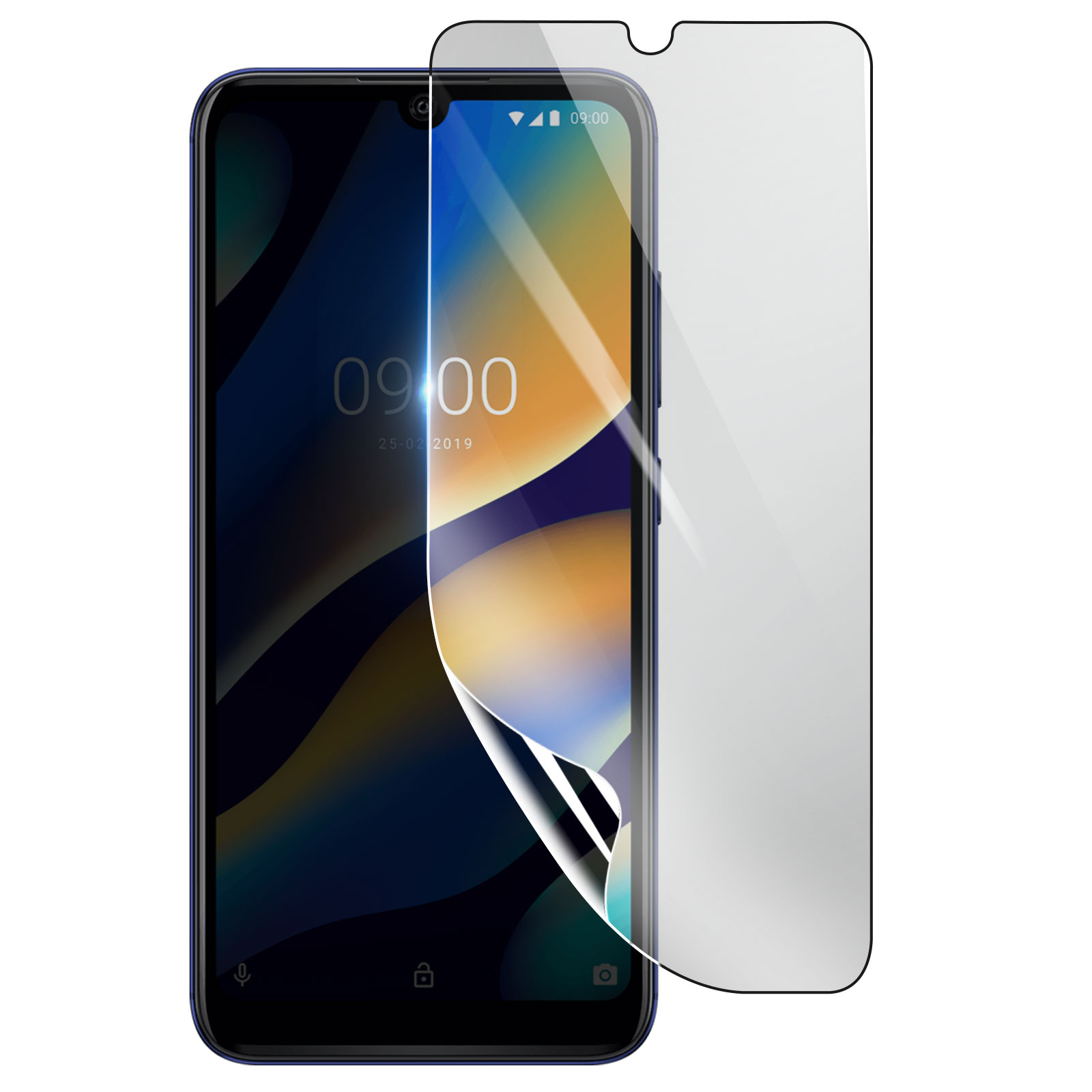 Uno smartphone con una protezione per lo schermo applicata. Lo schermo mostra le 09:00 e la data 25-02-2019.