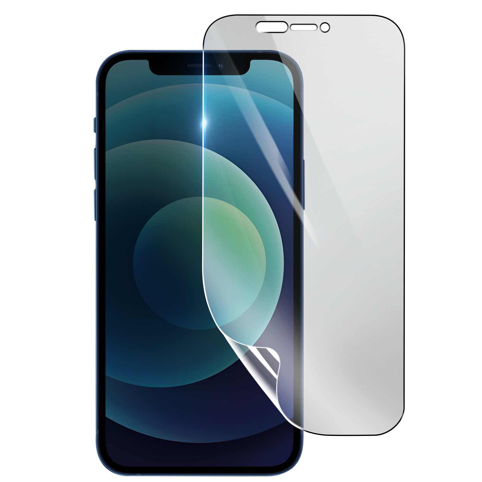 Uno smartphone con una protezione schermo applicata. Il telefono è blu e lo schermo mostra sfumature blu e verdi. La protezione è trasparente.