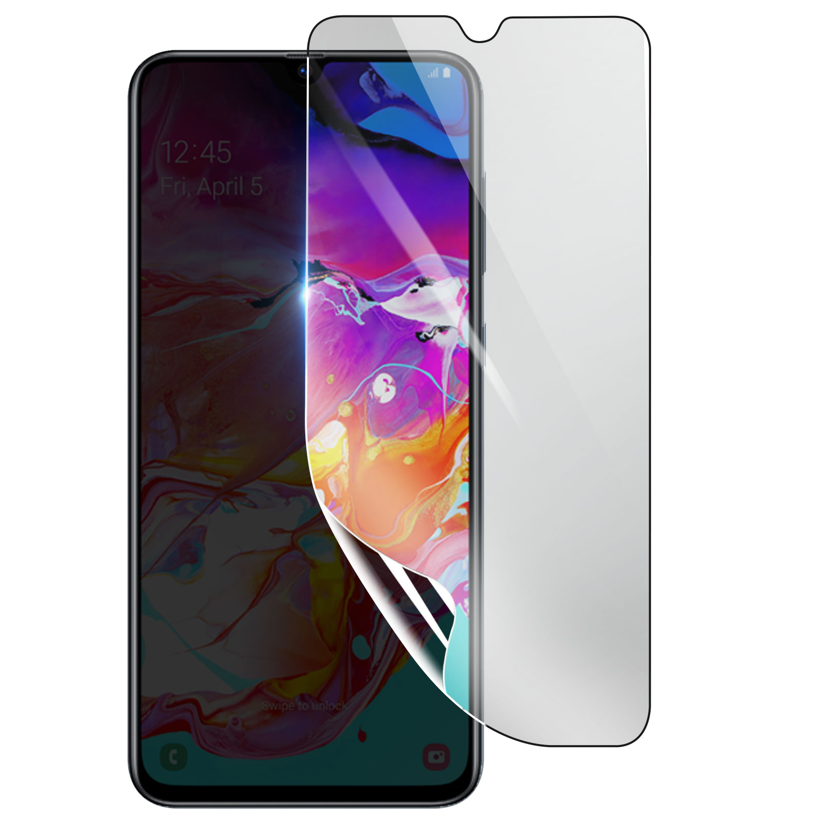 Uno smartphone con una protezione per lo schermo. Il telefono mostra una schermata di blocco con ora e data. La protezione è parzialmente staccata.