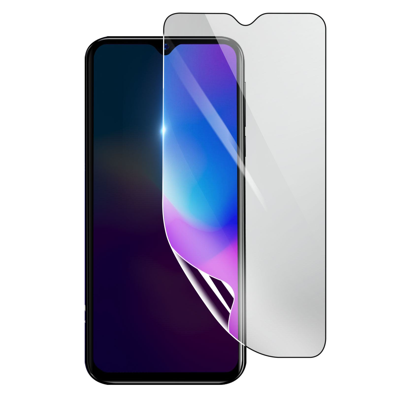 Smartphone con protezione schermo. Lo schermo mostra un gradiente viola e blu. La protezione è parzialmente staccata.