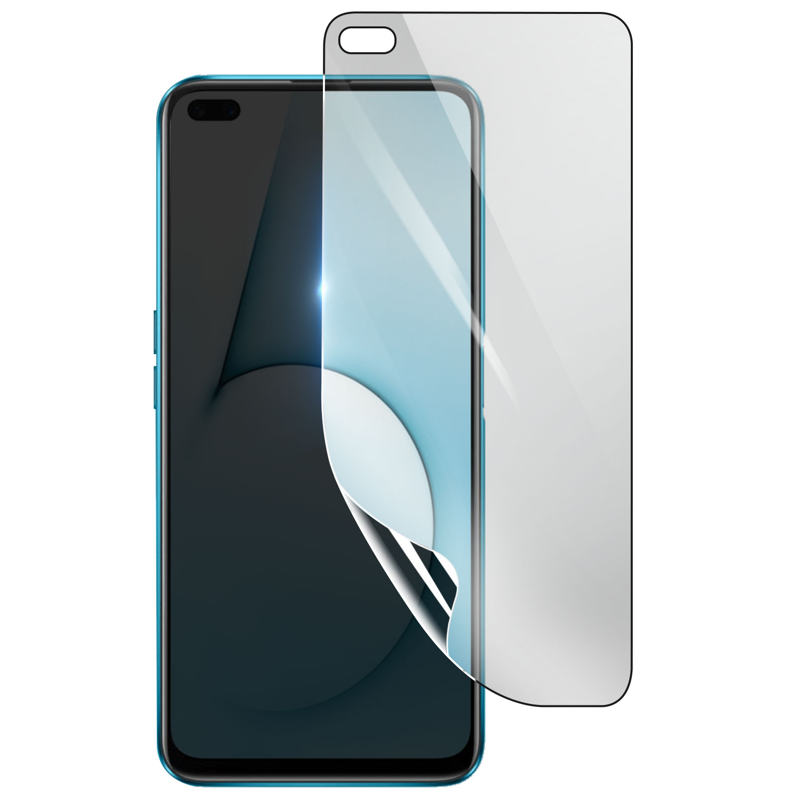 Uno smartphone blu con una protezione schermo applicata. La protezione è parzialmente staccata, rivelando lo schermo.