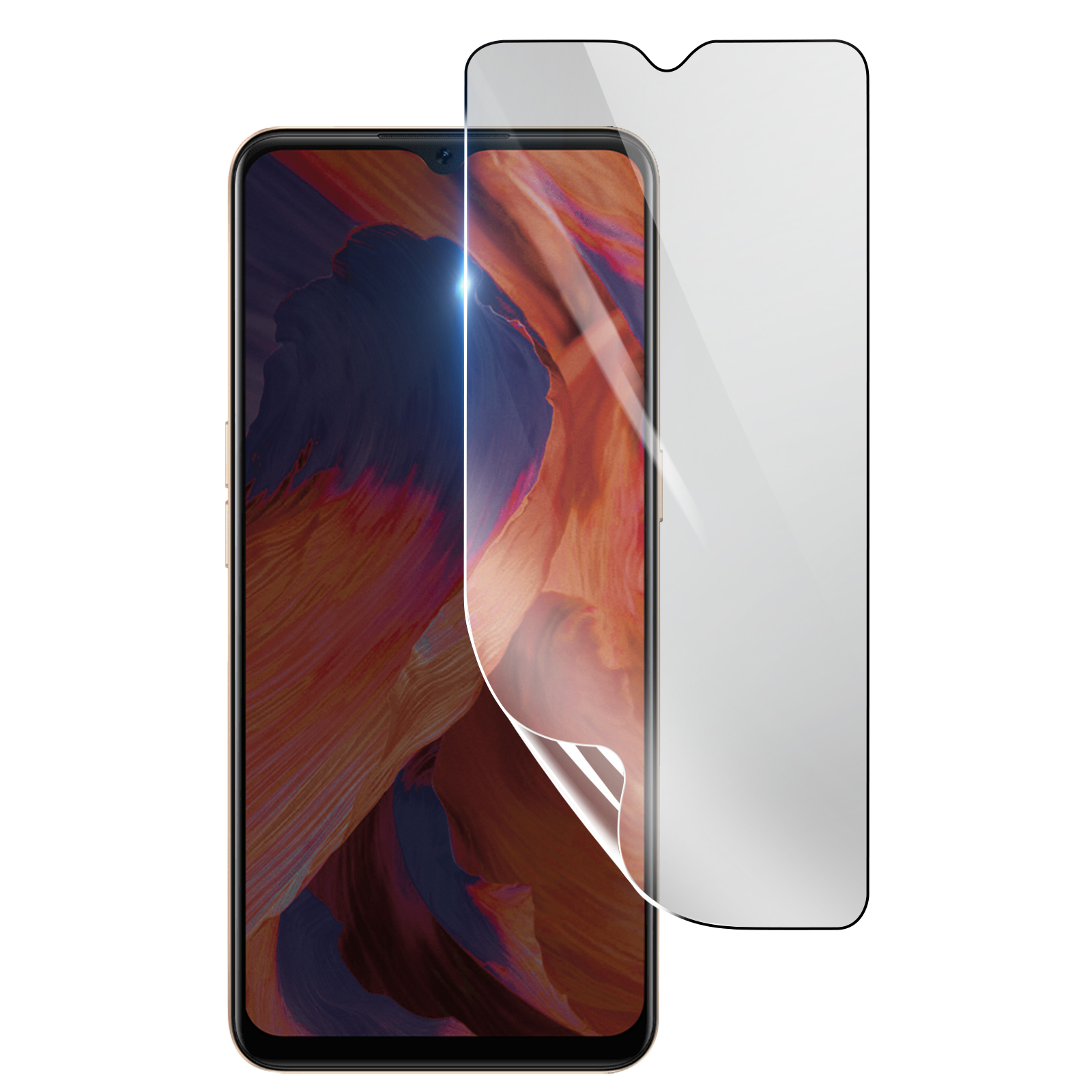 Uno smartphone con una protezione per lo schermo applicata. Il telefono ha uno sfondo astratto colorato. La protezione è parzialmente staccata.