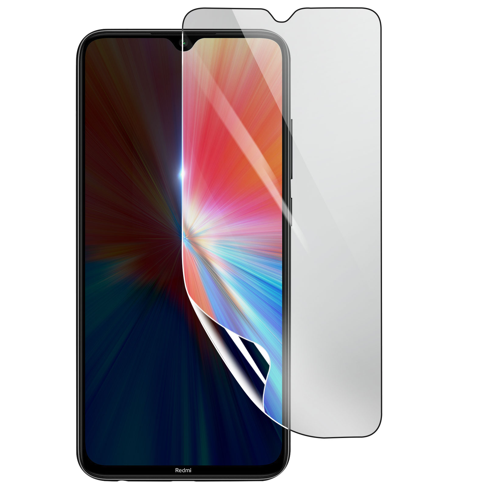 Smartphone con protezione schermo in applicazione. Sfondo color arcobaleno. La protezione è parzialmente staccata.