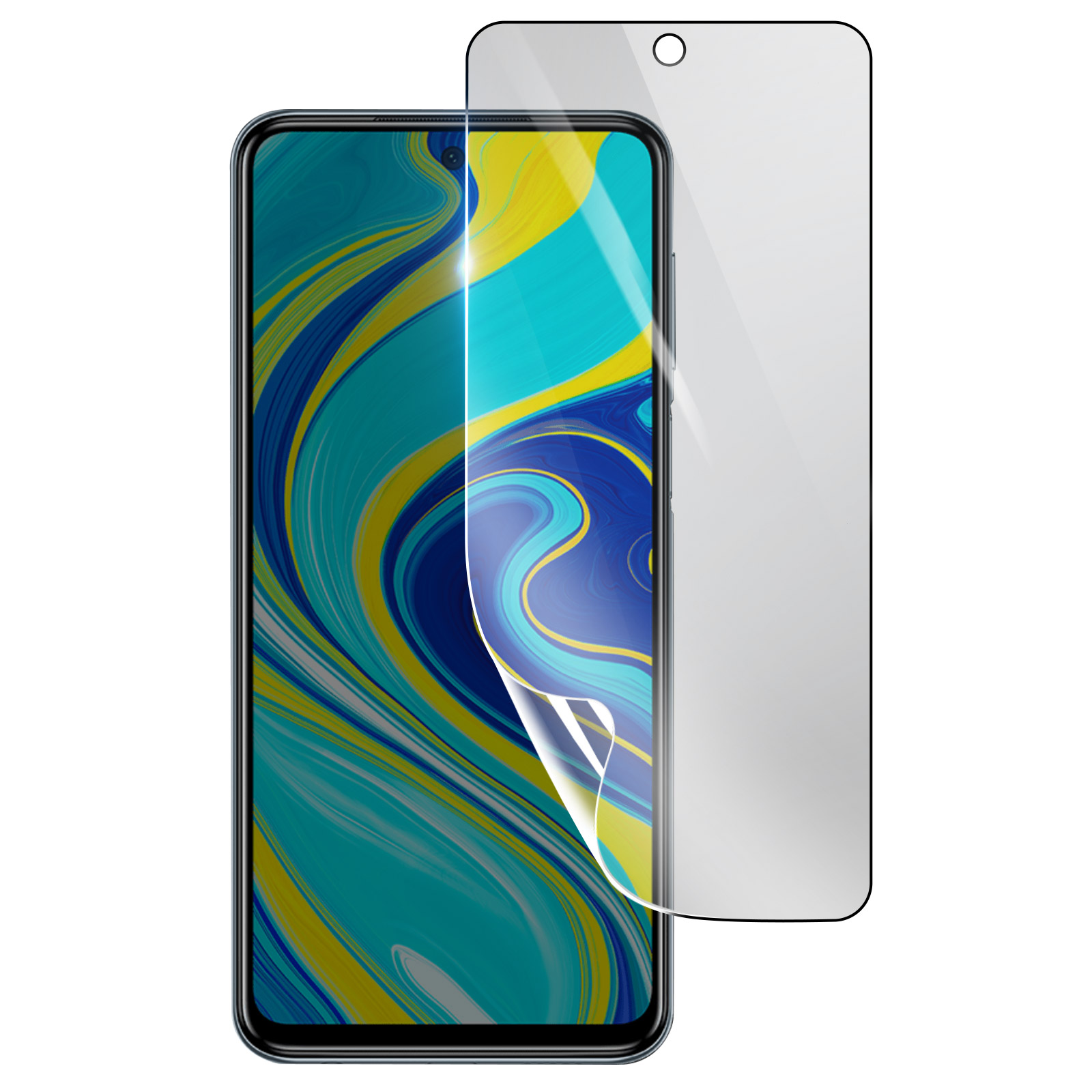 Uno smartphone con protezione schermo su sfondo bianco. Lo schermo mostra un motivo astratto blu e giallo.