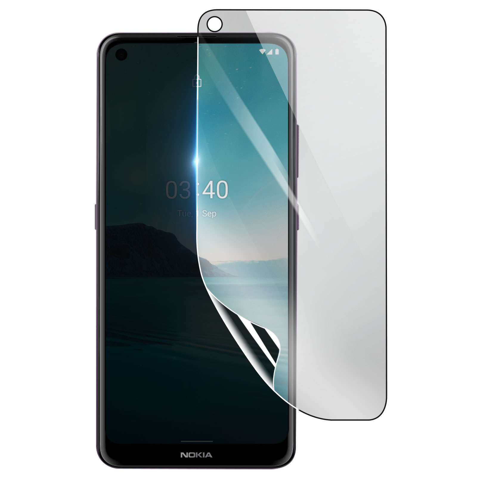 Un telefono Nokia con una protezione per lo schermo in fase di applicazione. Il telefono mostra l'ora e la data. Sfondo bianco.