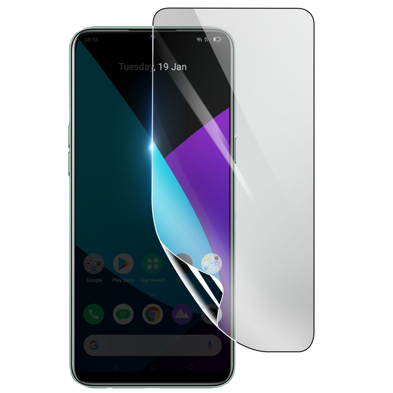 Schermo smartphone con pellicola protettiva applicata. Mostra app e data. Pellicola parzialmente rimossa.