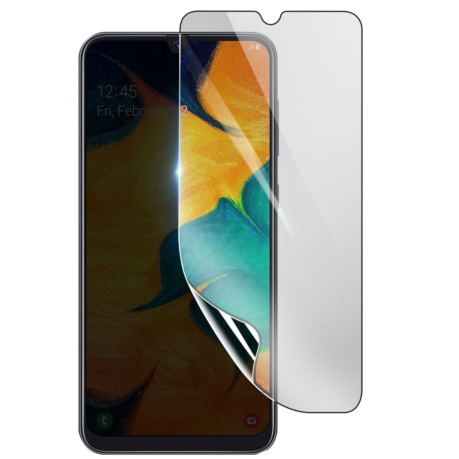 Uno smartphone con una protezione per lo schermo applicata. Il telefono mostra l'ora e la data. La protezione è parzialmente rimossa.