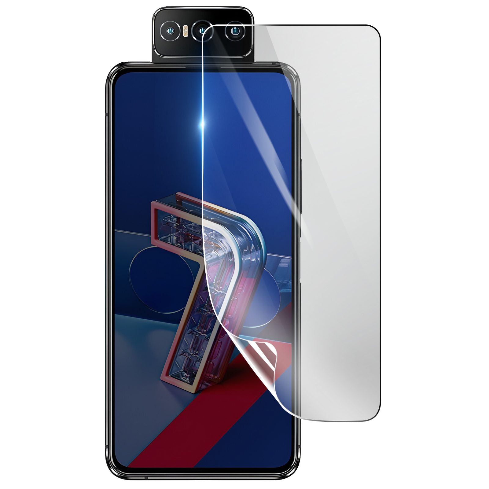 Smartphone con protezione schermo. Il telefono ha una fotocamera flip, viene staccata una protezione schermo in vetro. Lo schermo mostra il numero 7.