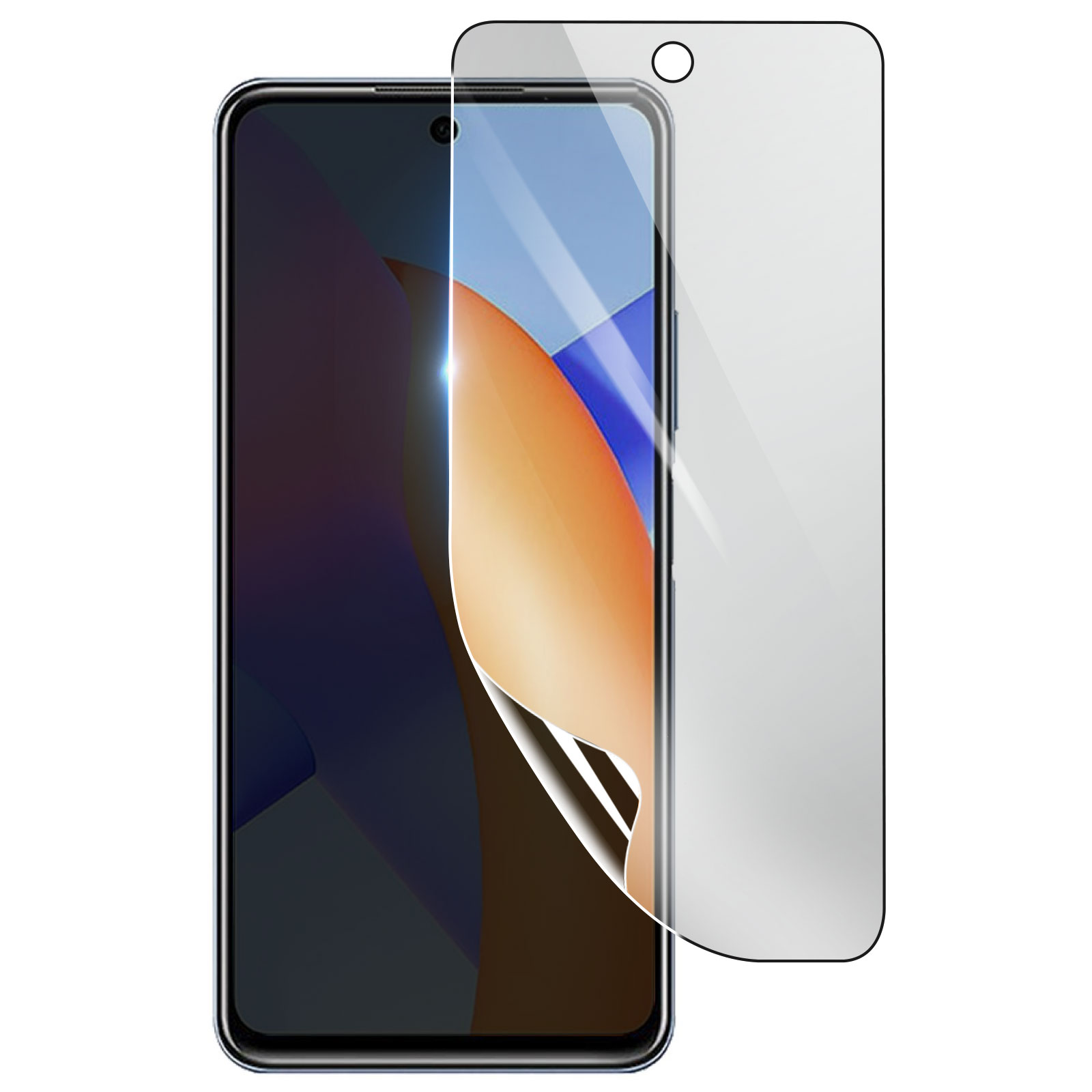 Uno smartphone con una protezione per lo schermo in applicazione. Il telefono è nero, la protezione è trasparente. La luce si riflette.