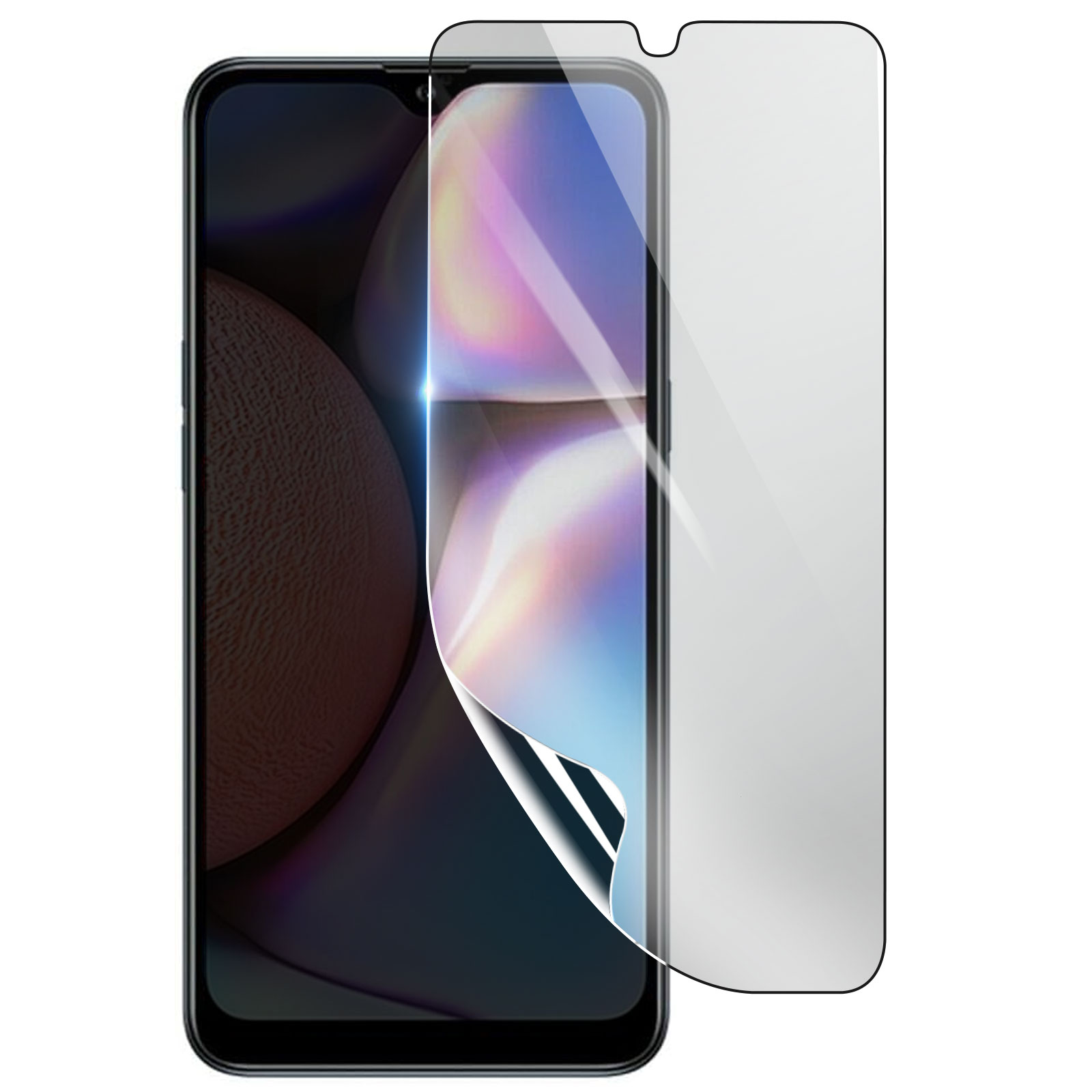 Uno smartphone con una protezione per lo schermo in fase di applicazione. La protezione è parzialmente staccata. Sfondo bianco.