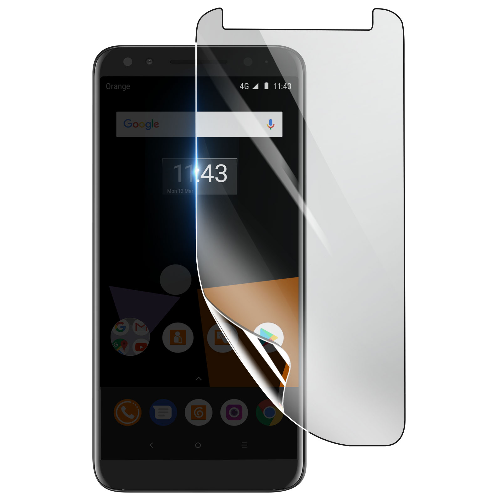 Uno smartphone con una protezione per lo schermo che si stacca. Il telefono mostra l'ora, le app e la barra di ricerca di Google.