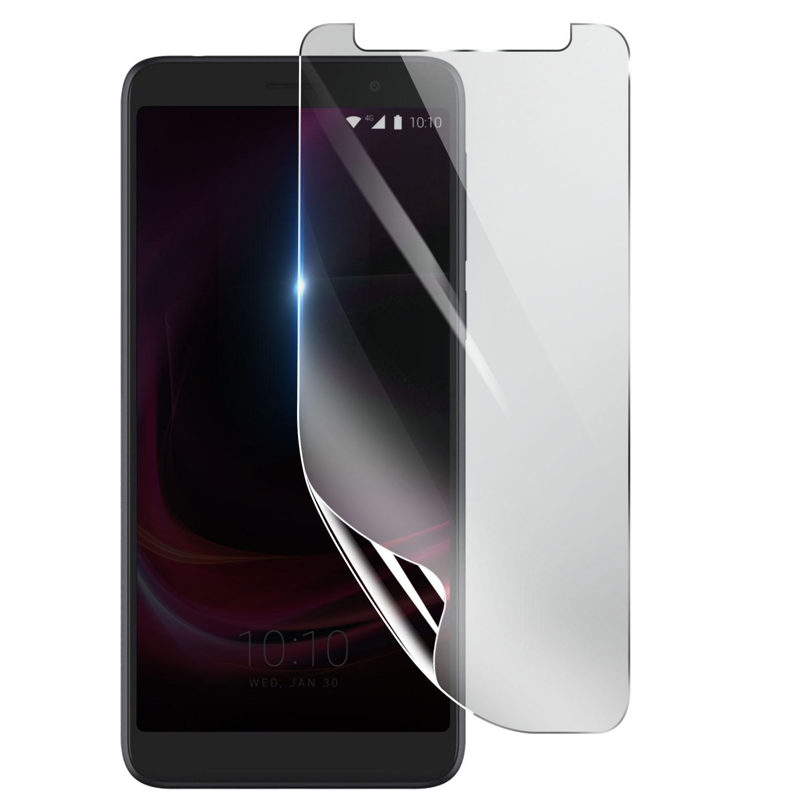 Uno smartphone nero con una protezione schermo in applicazione. Lo schermo mostra l'ora, la data e uno sfondo astratto.
