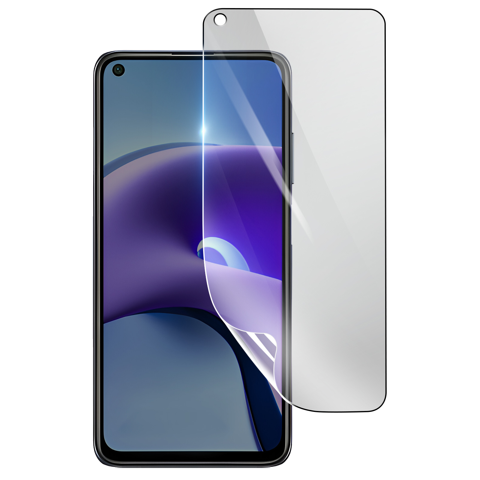 Uno smartphone con una protezione per lo schermo in fase di applicazione. Il telefono ha una cornice nera, la protezione è trasparente.