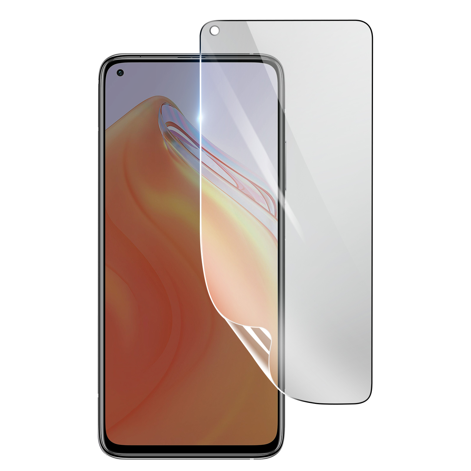 Uno smartphone con una protezione per lo schermo applicata. Lo schermo mostra uno sfondo colorato. La protezione è trasparente.