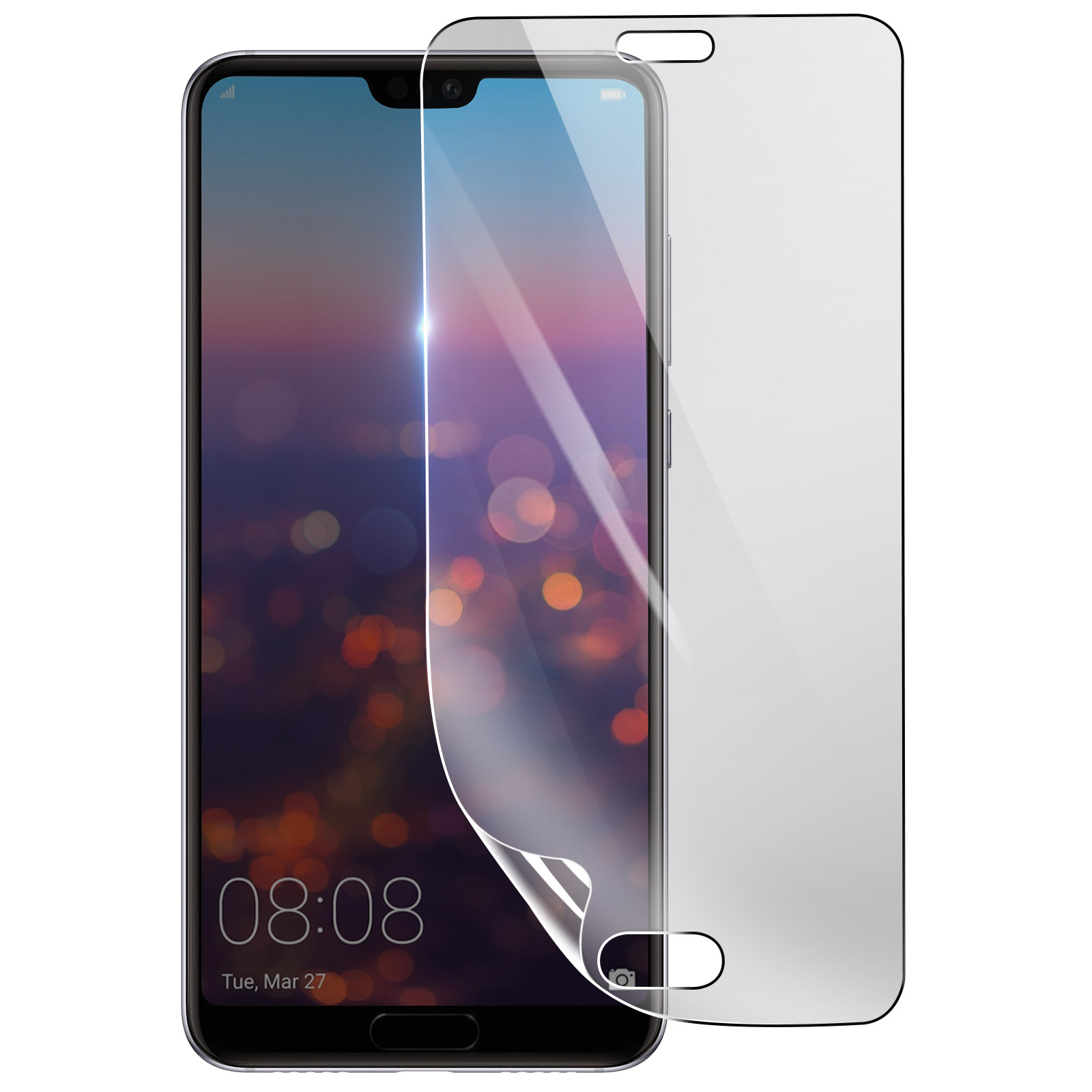 Uno smartphone con una protezione per lo schermo applicata. Lo schermo mostra uno skyline notturno. L'ora è 08:08.