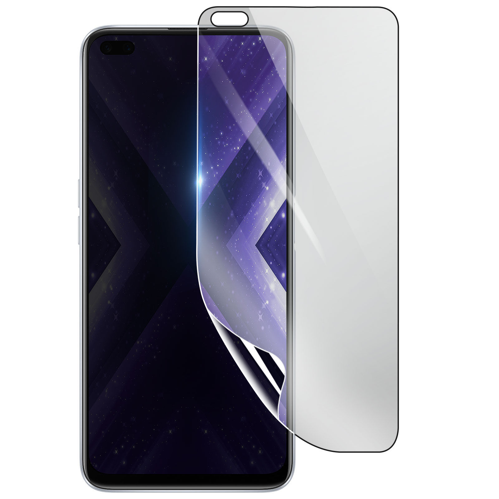 Smartphone con protezione schermo che si stacca. Lo schermo mostra uno sfondo stellato. La protezione è trasparente.