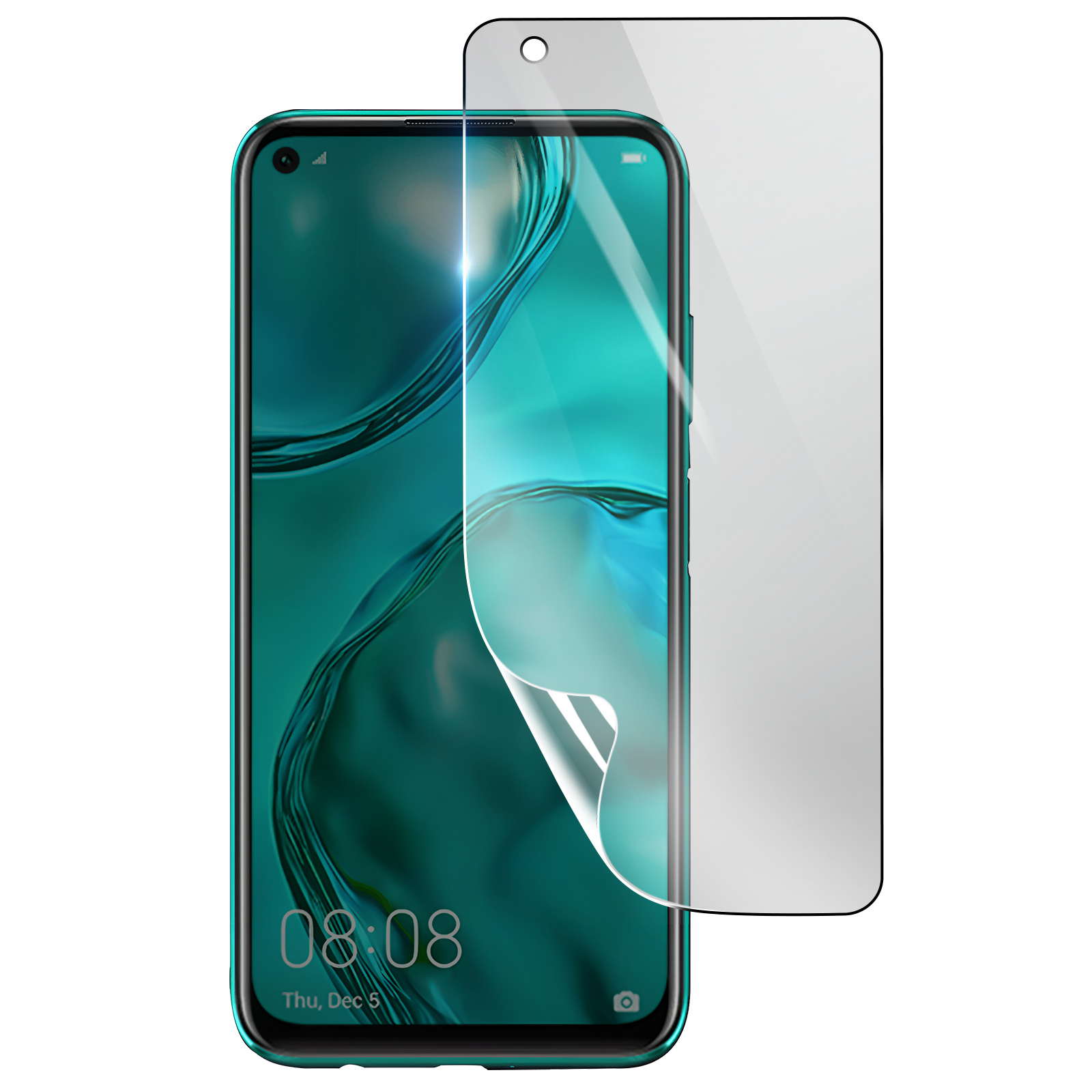 Uno smartphone con una protezione per lo schermo in applicazione. Il telefono è verde acqua e la protezione è trasparente, con una sezione staccabile.