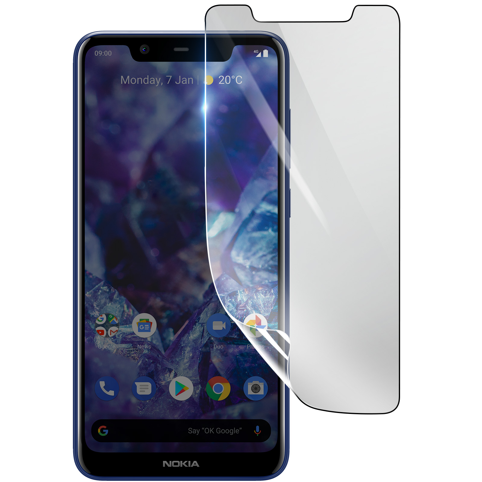 Un telefono Nokia blu con protezione schermo. Lo schermo mostra app e data. Una protezione trasparente è parzialmente rimossa.