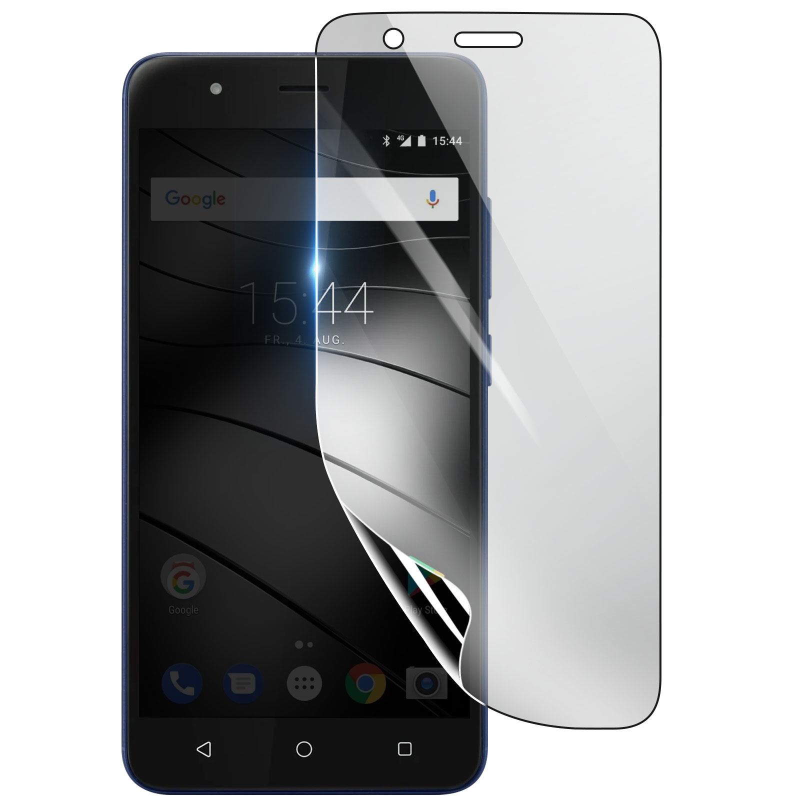 Uno smartphone con una protezione per lo schermo applicata. Il telefono mostra l'ora e una barra di ricerca di Google. La protezione per lo schermo è parzialmente staccata.