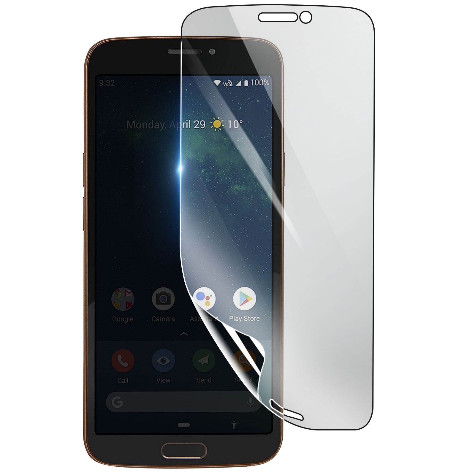 Uno smartphone con una protezione per lo schermo applicata. Lo schermo mostra data, ora e icone delle app. Un protettore trasparente accanto.