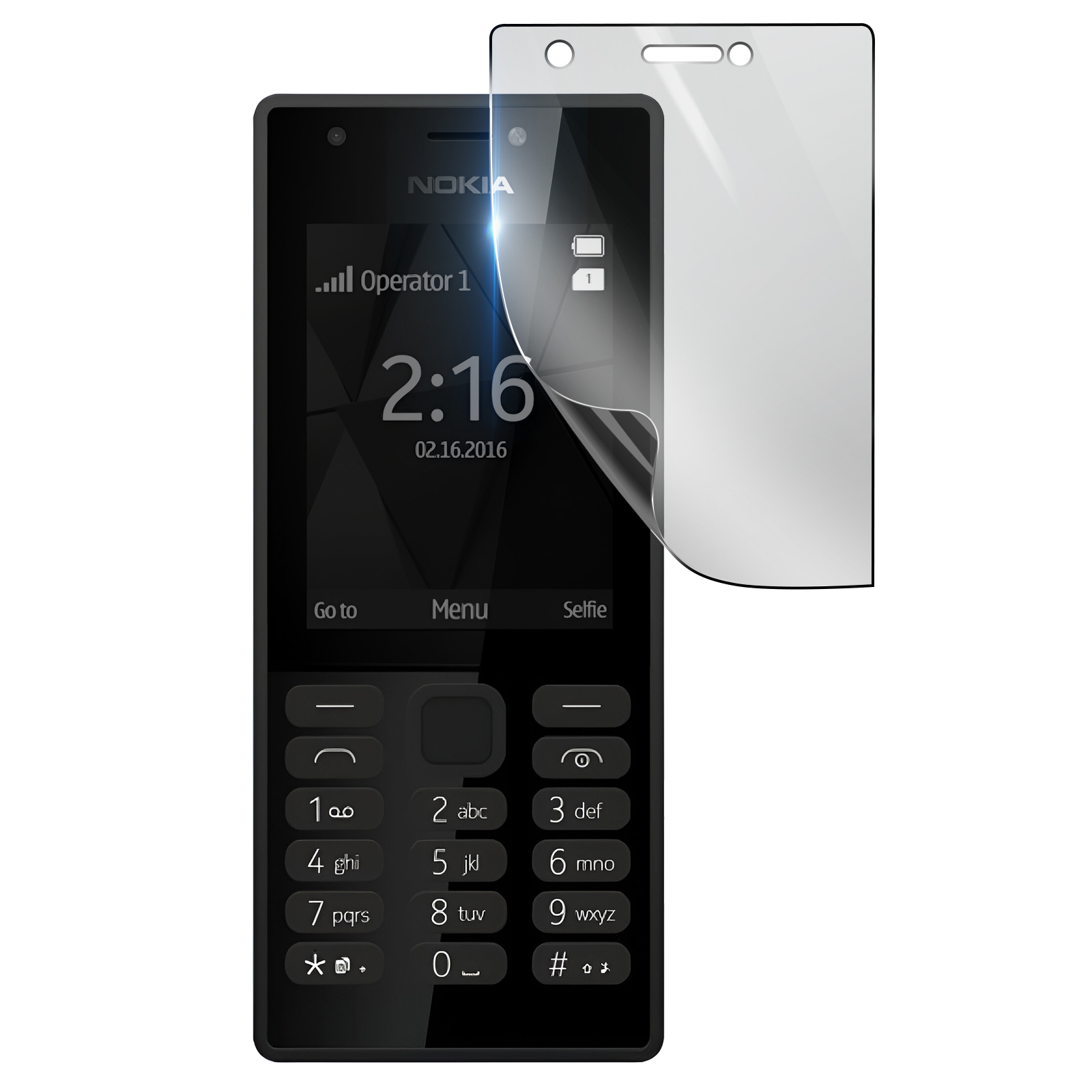 Telefono Nokia con protezione schermo applicata. Lo schermo mostra l'ora e la data. Il telefono ha una tastiera.