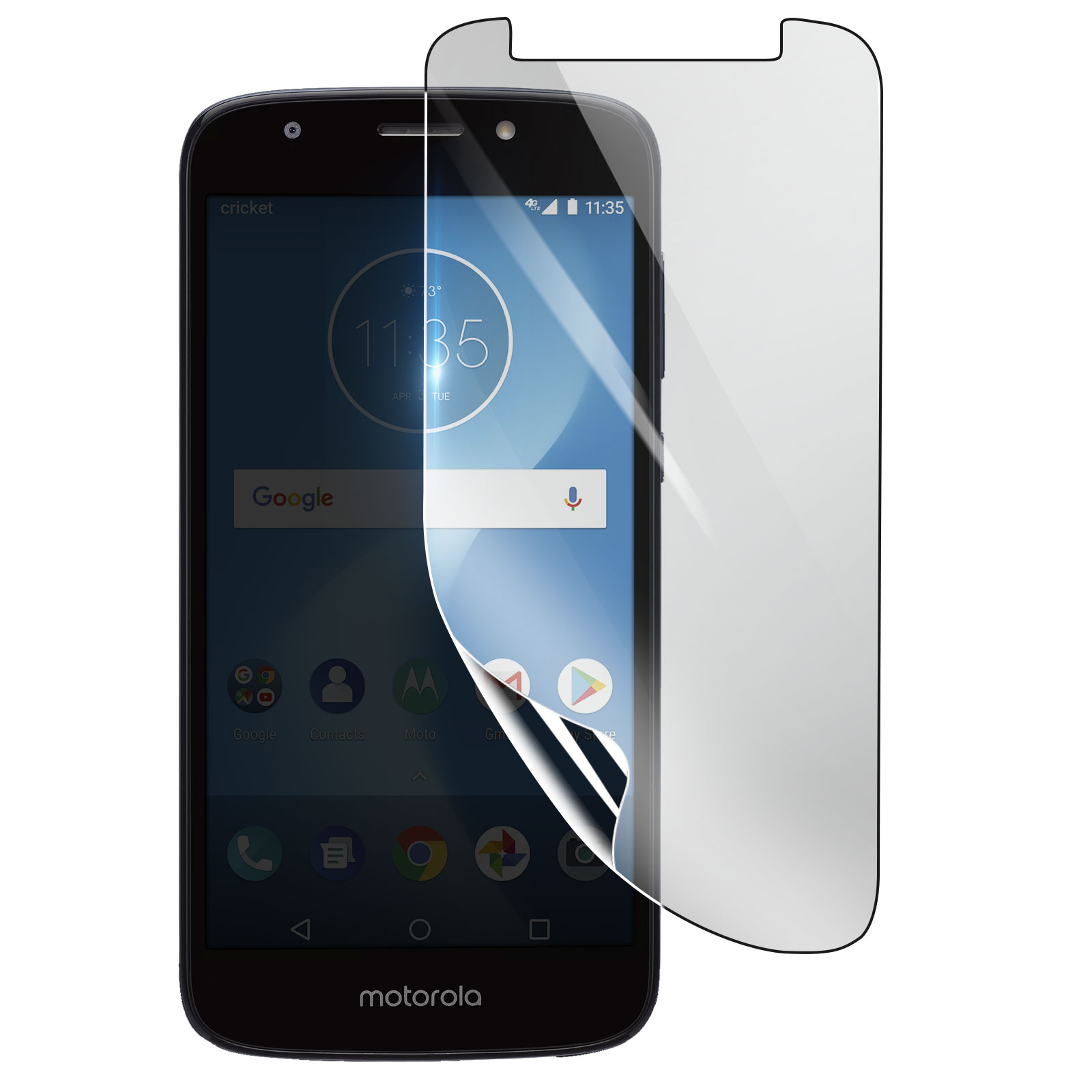 Telefono Motorola nero con protezione schermo. Lo schermo mostra orologio, barra di ricerca Google e icone app.