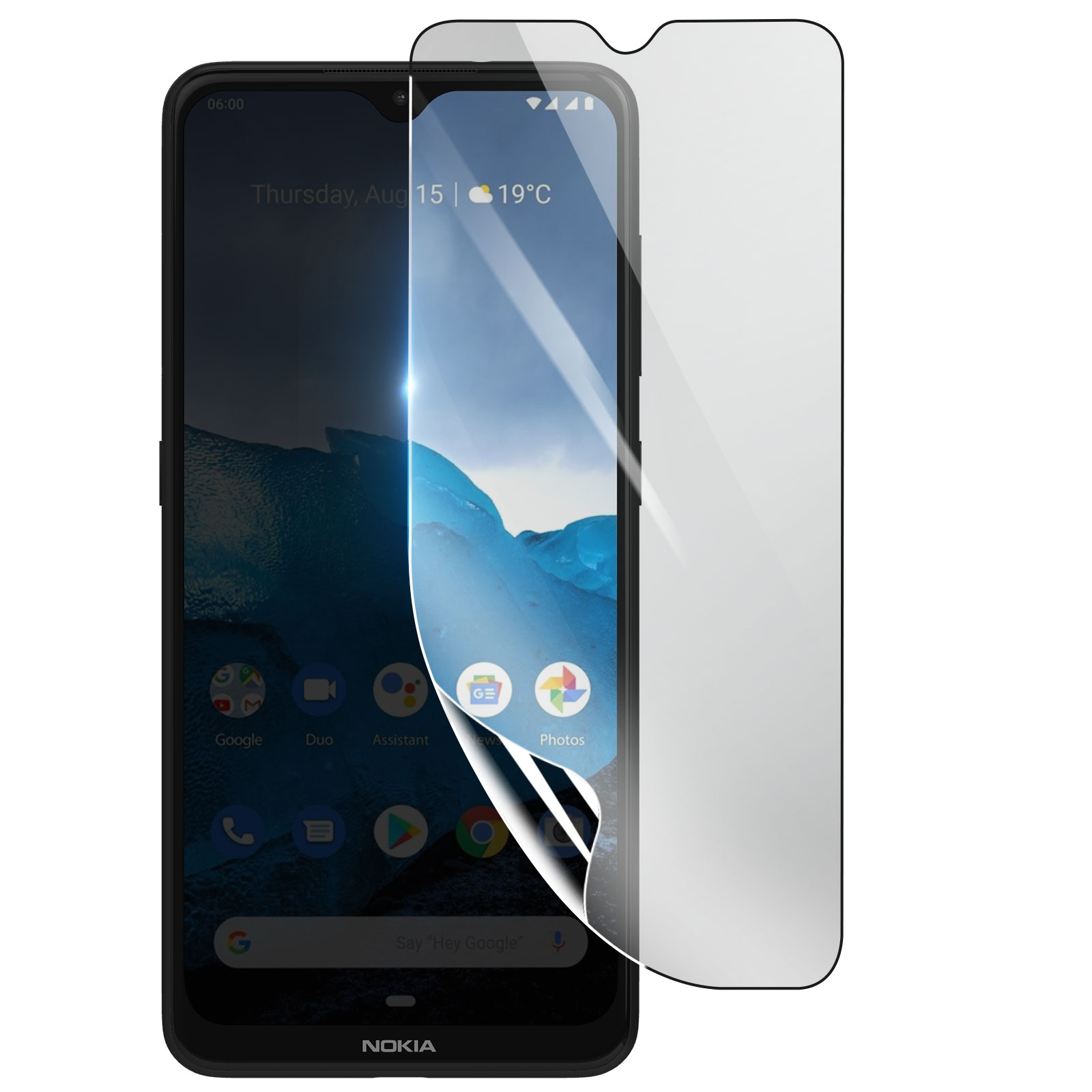 Uno smartphone Nokia nero con una protezione per lo schermo applicata. Lo schermo mostra icone, data e temperatura.