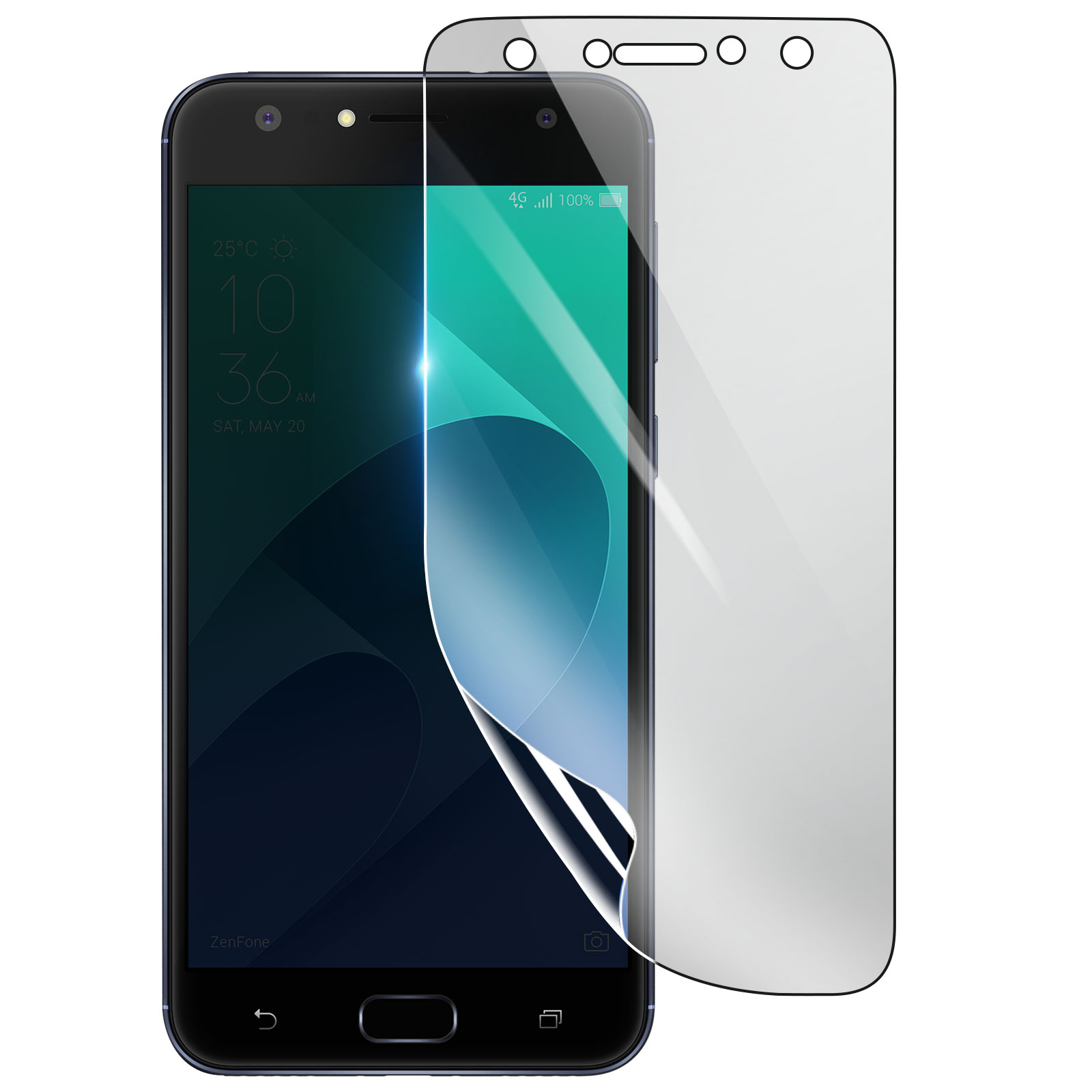 Uno smartphone con una protezione per lo schermo applicata. Il telefono mostra l'ora e la data. La protezione è parzialmente staccata.