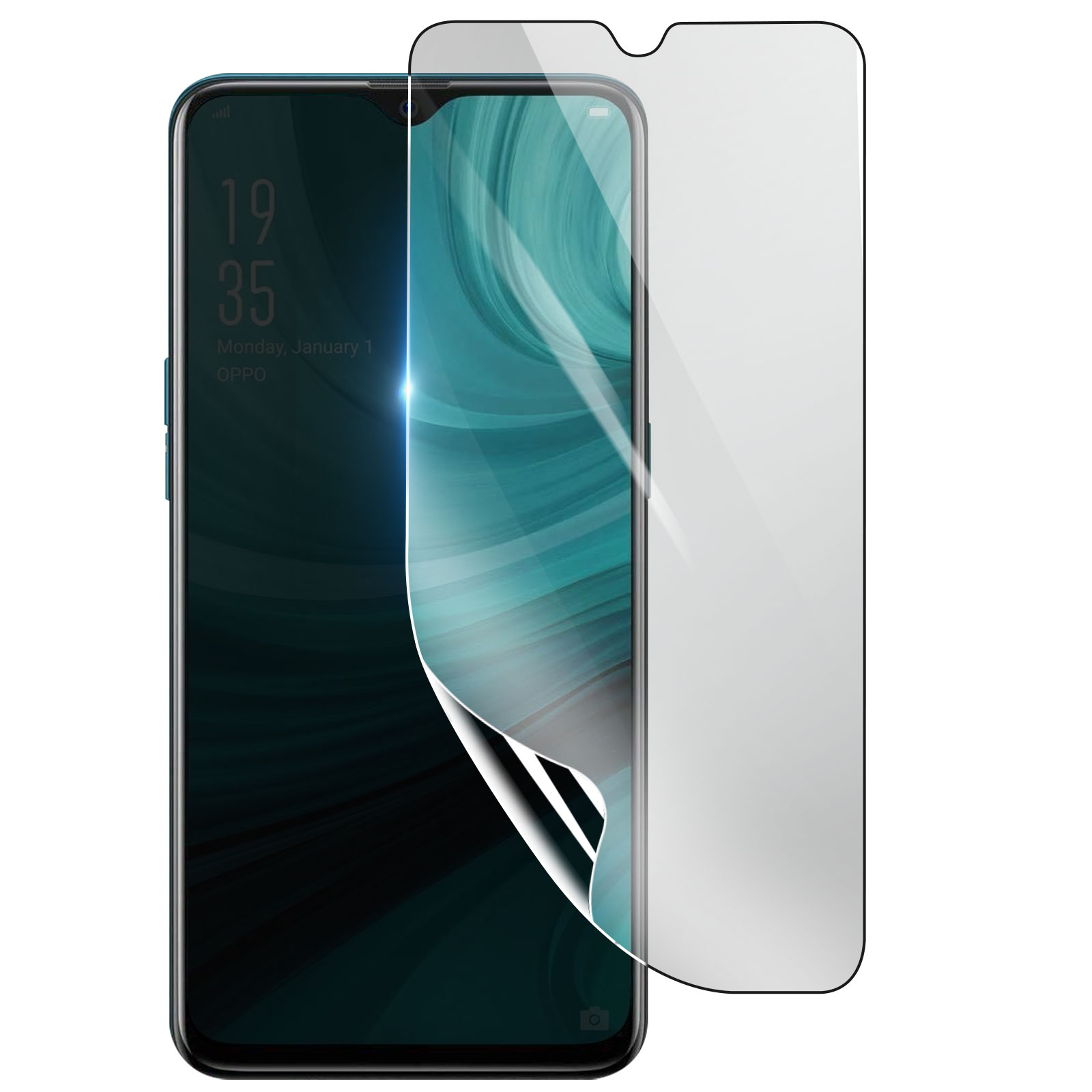 Telefono con protezione schermo. Il telefono mostra le 19:35, lunedì 1 gennaio, OPPO. La protezione viene rimossa.