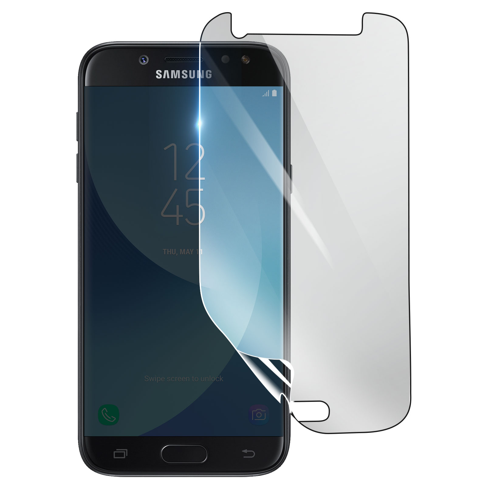 Telefono Samsung nero con protezione schermo applicata. L'ora visualizzata è 12:45. La protezione è parzialmente staccata.