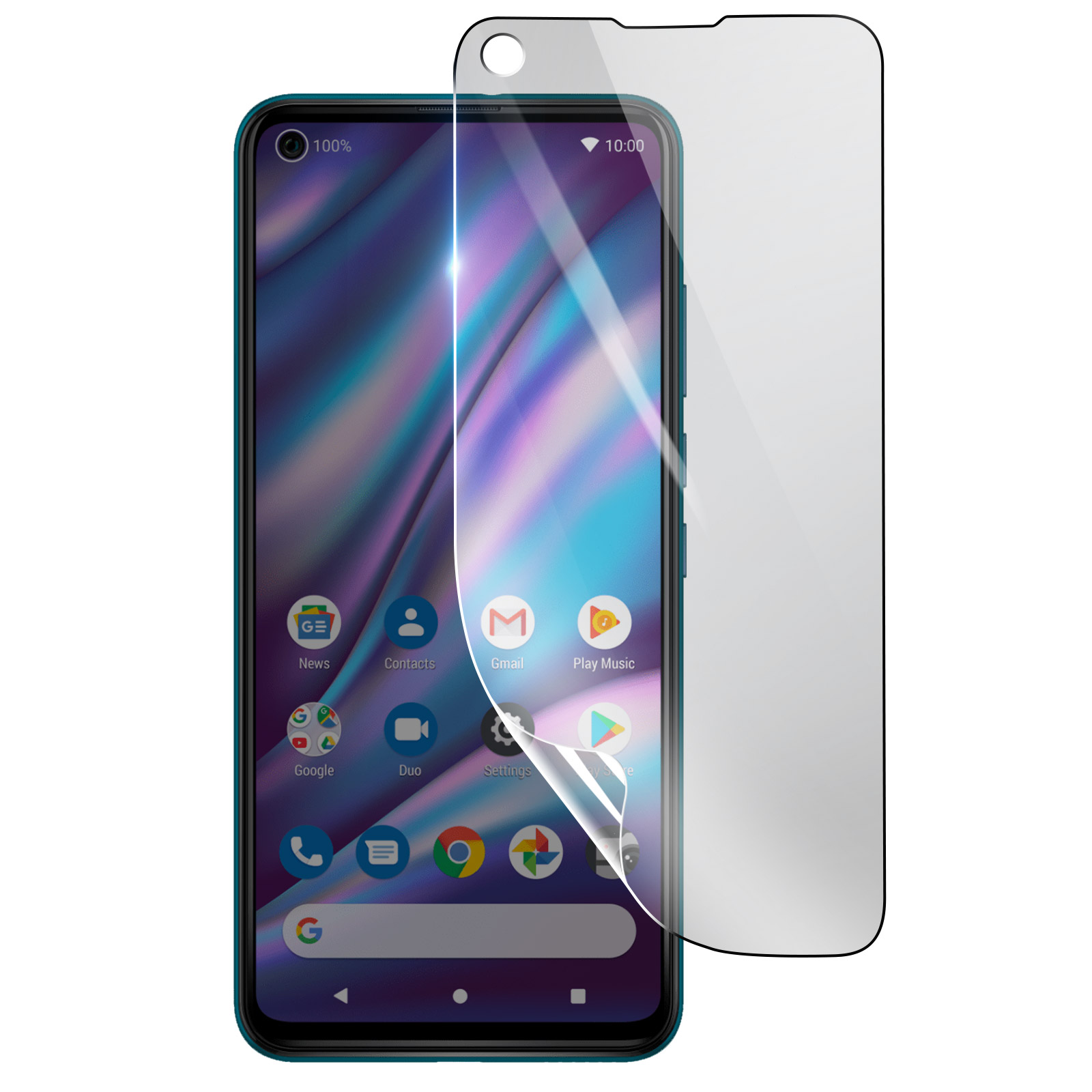 Uno smartphone con una protezione per lo schermo. Il telefono mostra le icone delle app. La protezione viene rimossa.