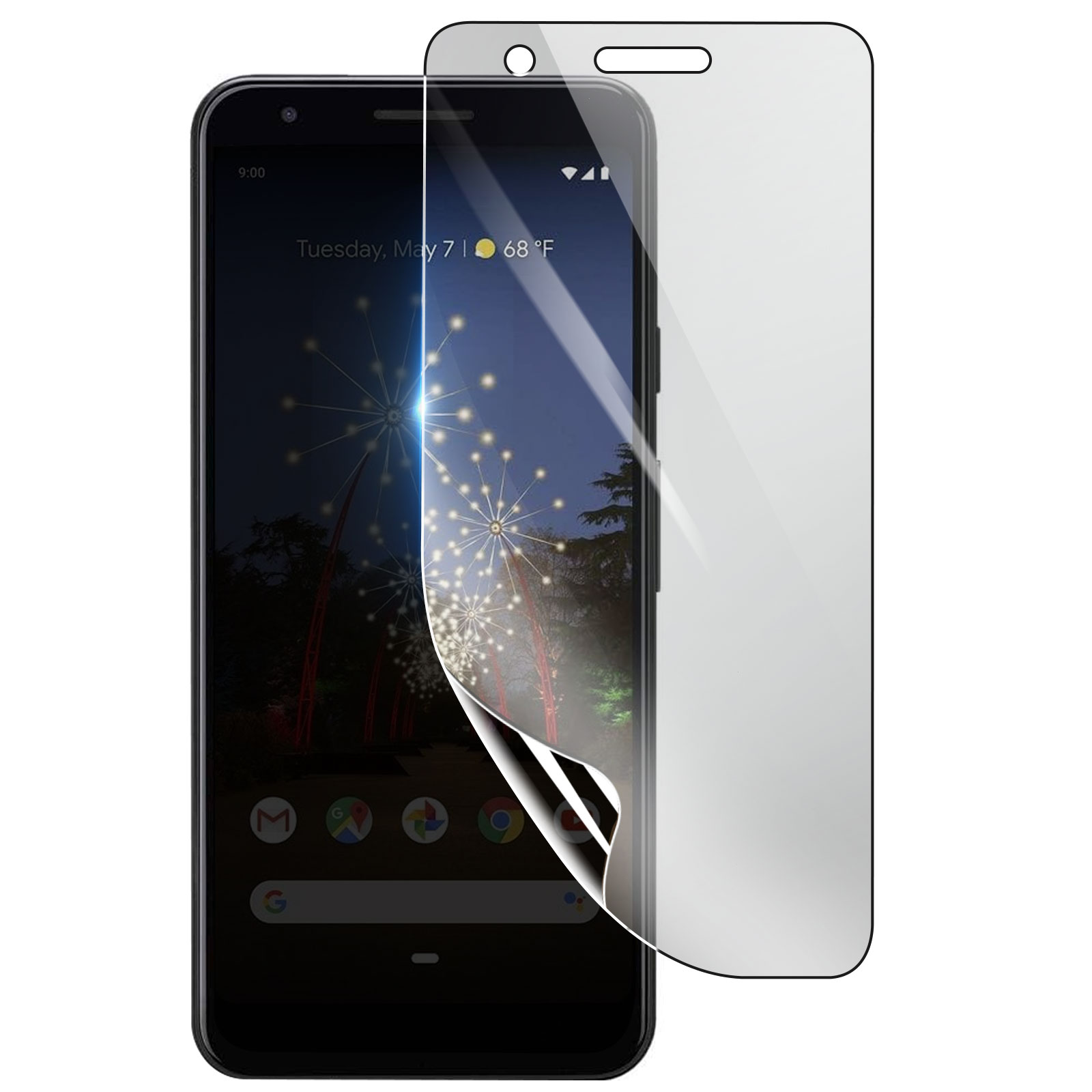 Uno smartphone nero con protezione schermo. Lo schermo mostra una scena del parco con fuochi d'artificio e data.