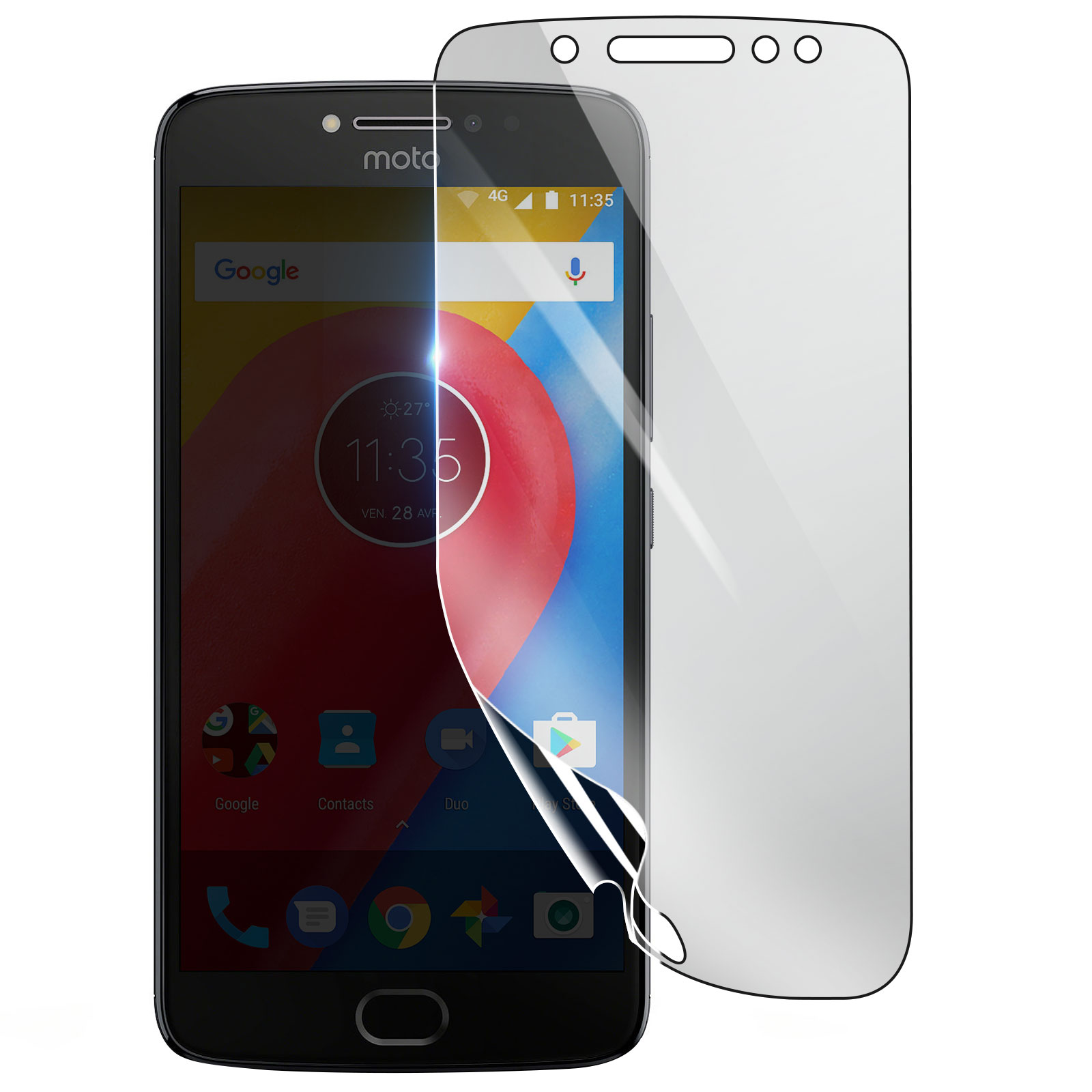 Un telefono smartphone ha una protezione per lo schermo in fase di applicazione. Il telefono visualizza app, ora e data. La protezione è trasparente e parzialmente staccata.
