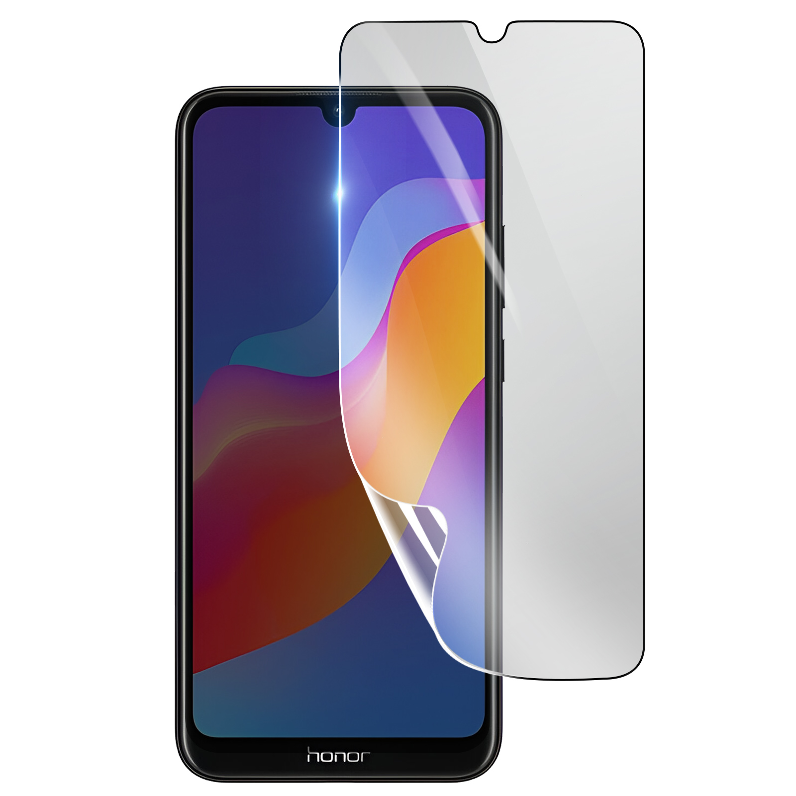Un telefono con una protezione per lo schermo applicata. Lo schermo mostra grafica colorata. La protezione è trasparente.