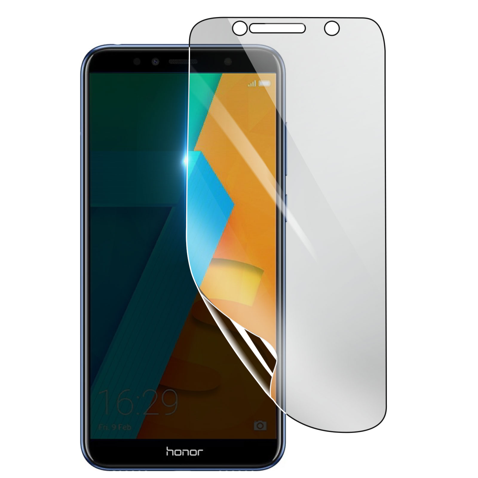 Uno smartphone con una protezione per lo schermo in applicazione. Il telefono mostra un'immagine astratta colorata, con data e ora.