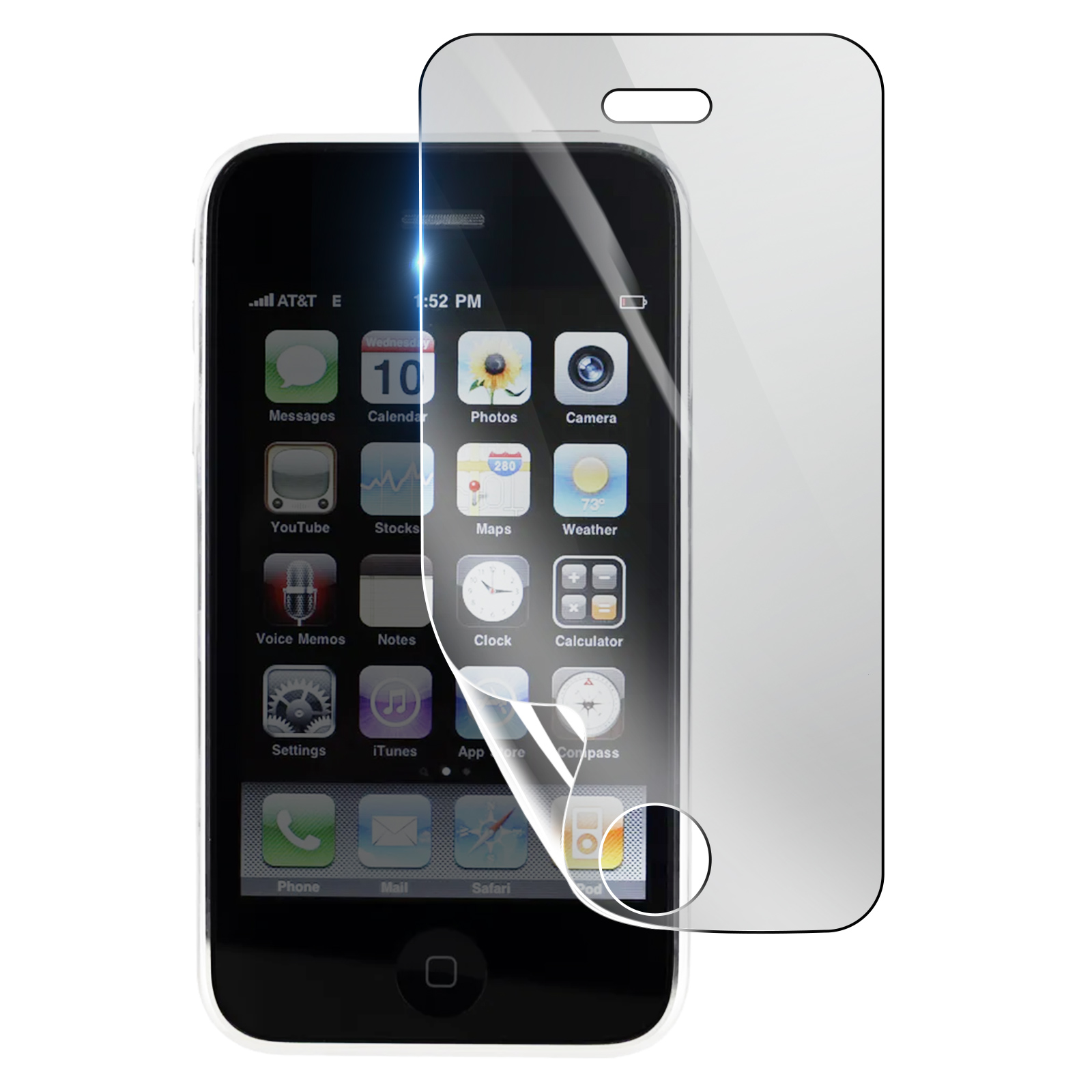 Un iPhone con protector de pantalla. La pantalla muestra iconos de aplicaciones. El protector está parcialmente despegado.