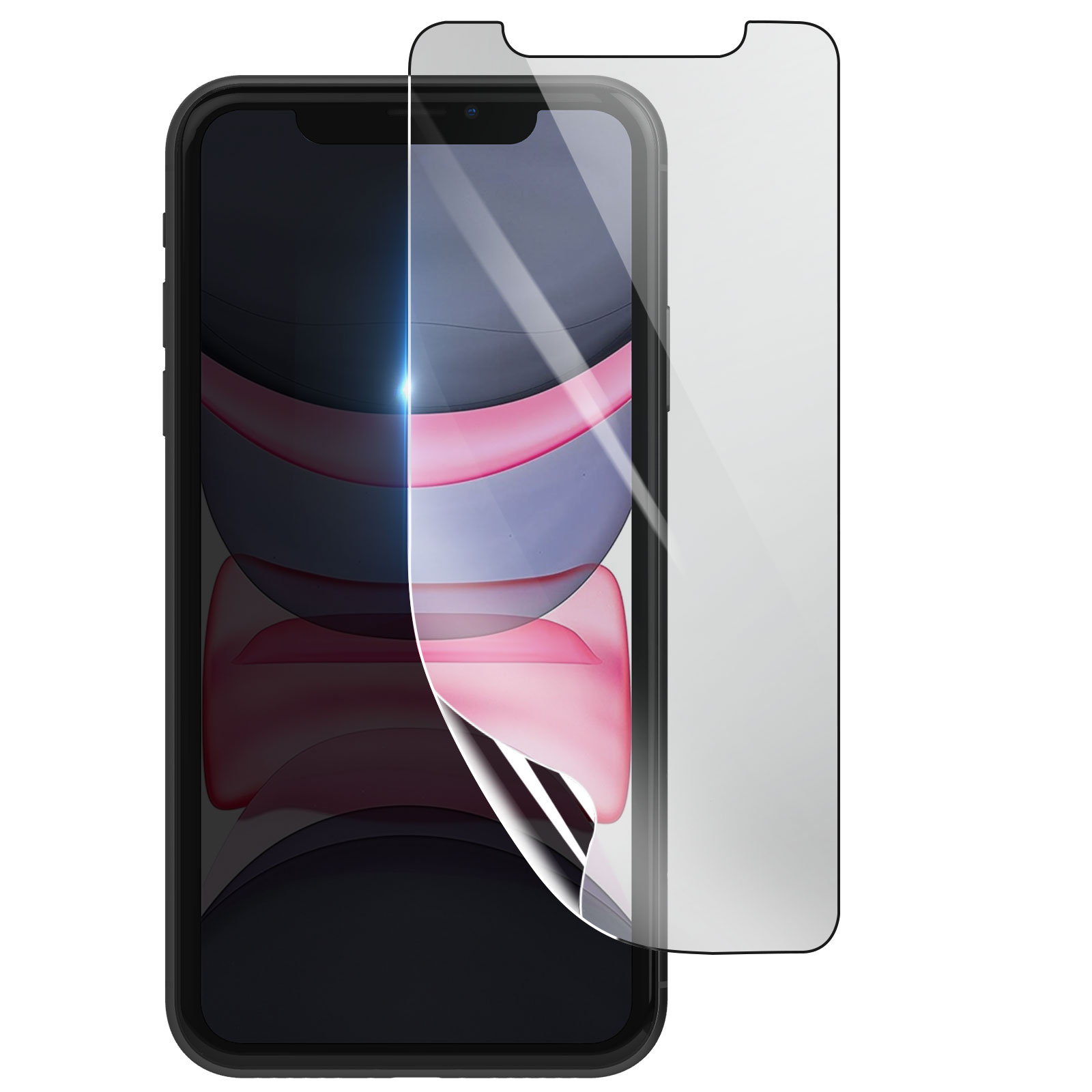 Uno smartphone con una protezione per lo schermo in fase di applicazione. Il telefono è nero. La protezione è parzialmente staccata.