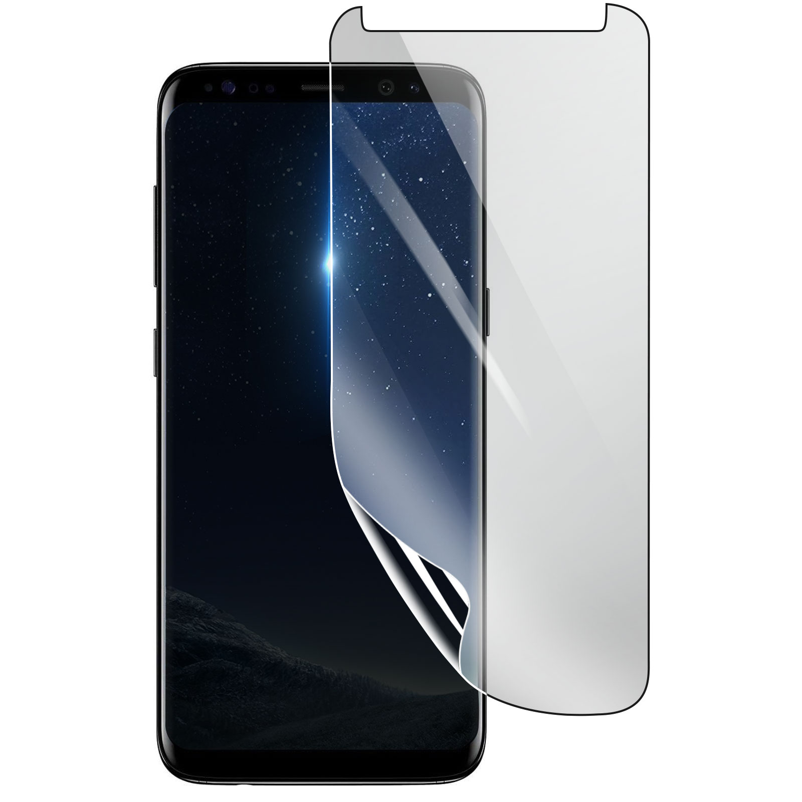 Uno smartphone nero con una protezione schermo sovrapposta. Lo schermo mostra un cielo stellato. La protezione si stacca.