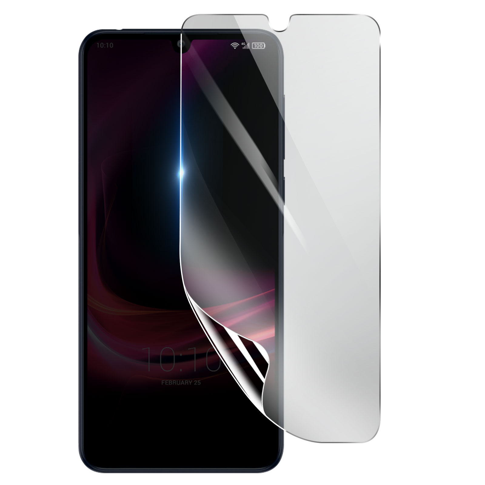 Uno smartphone con una protezione per lo schermo in fase di applicazione. Lo schermo mostra data e ora. La protezione è parzialmente staccata.