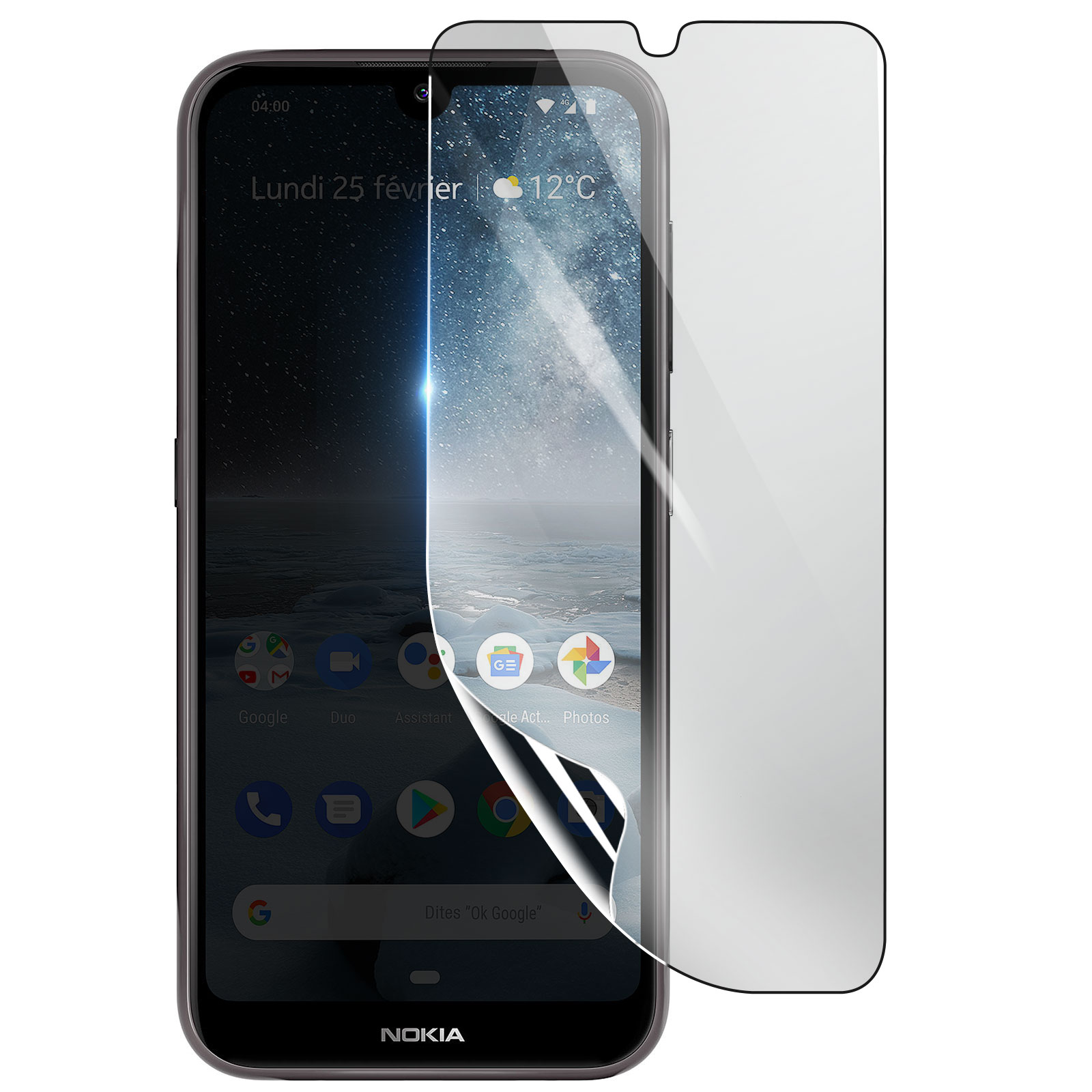 Uno smartphone Nokia con una protezione schermo parzialmente staccata. Lo schermo mostra app e la data.