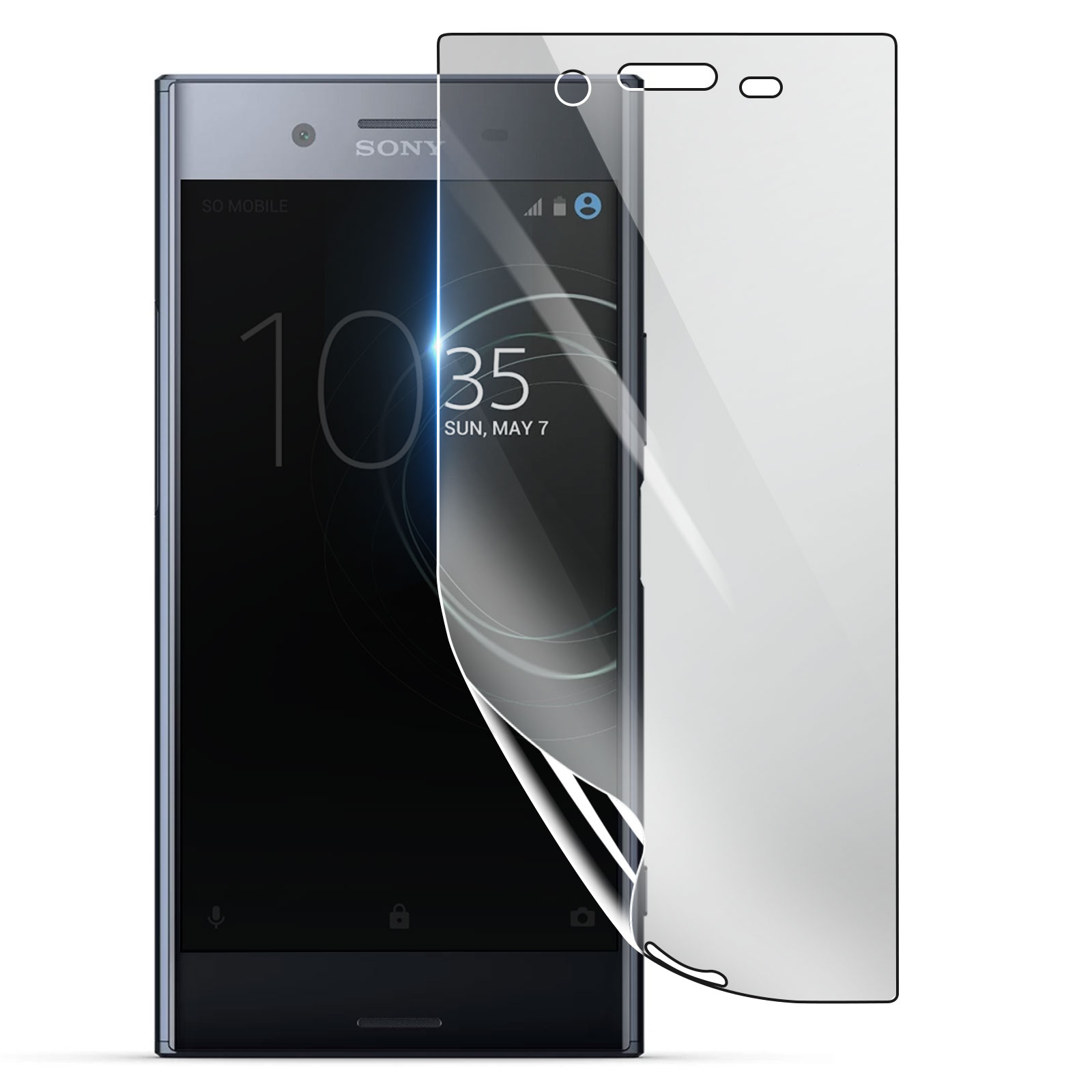 Un telefono Sony con protezione schermo. Lo schermo mostra l'ora, la data e alcune icone. La protezione si sta staccando.