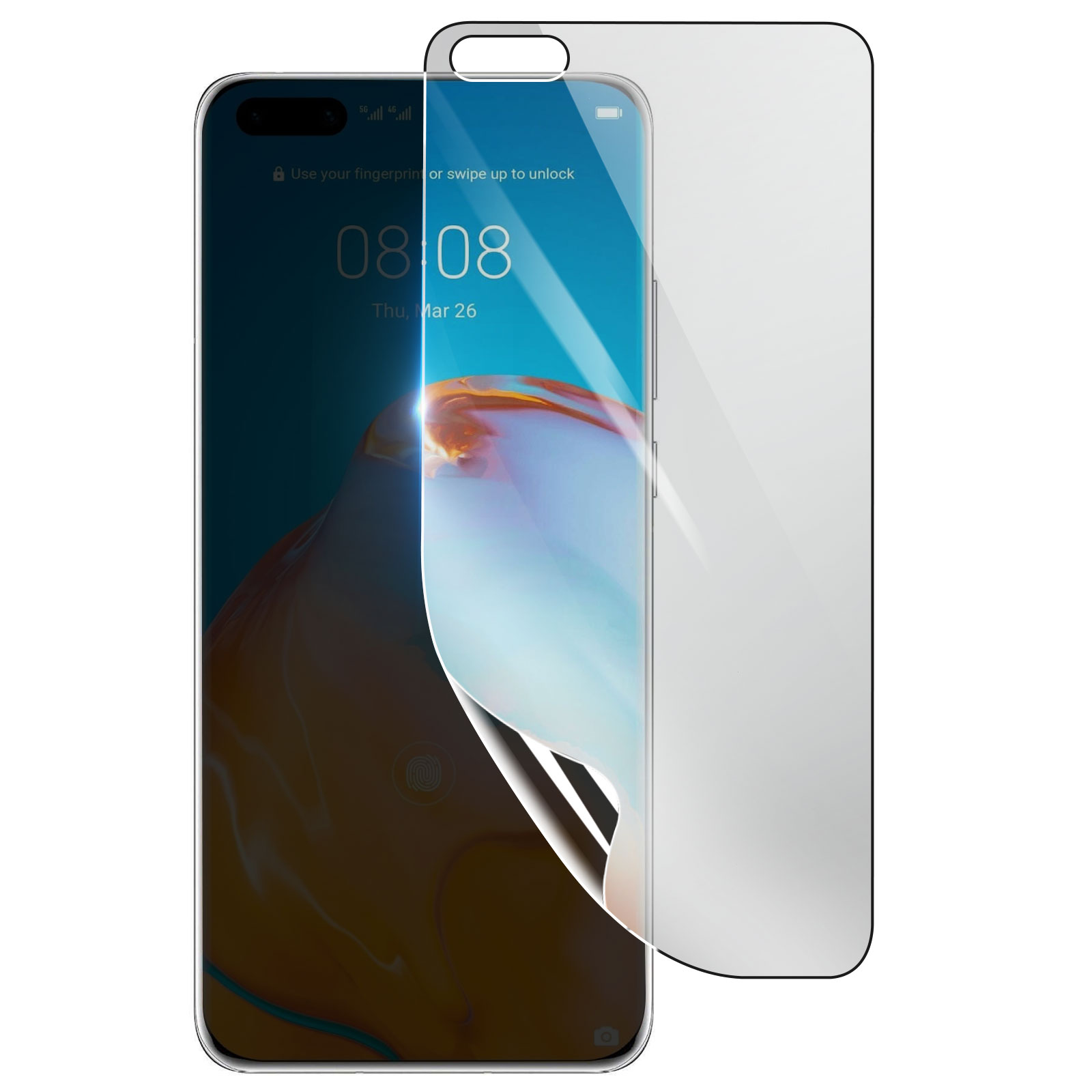 Uno smartphone con protezione schermo. Il telefono mostra l'ora, la data e una richiesta di sblocco tramite impronta digitale.