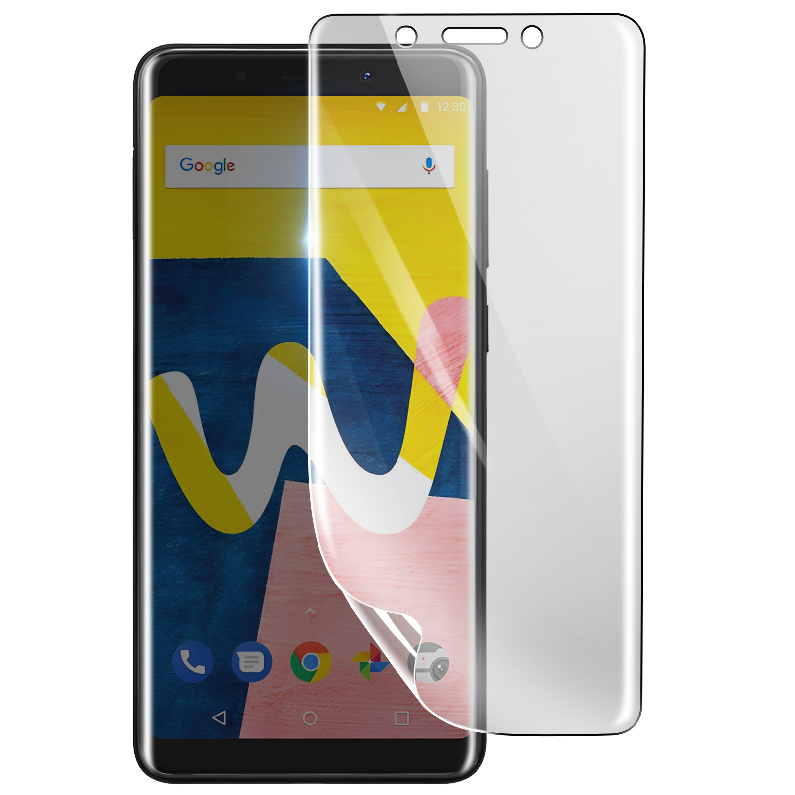 Uno smartphone con protezione schermo applicata, che mostra il display con Google e icone delle app.