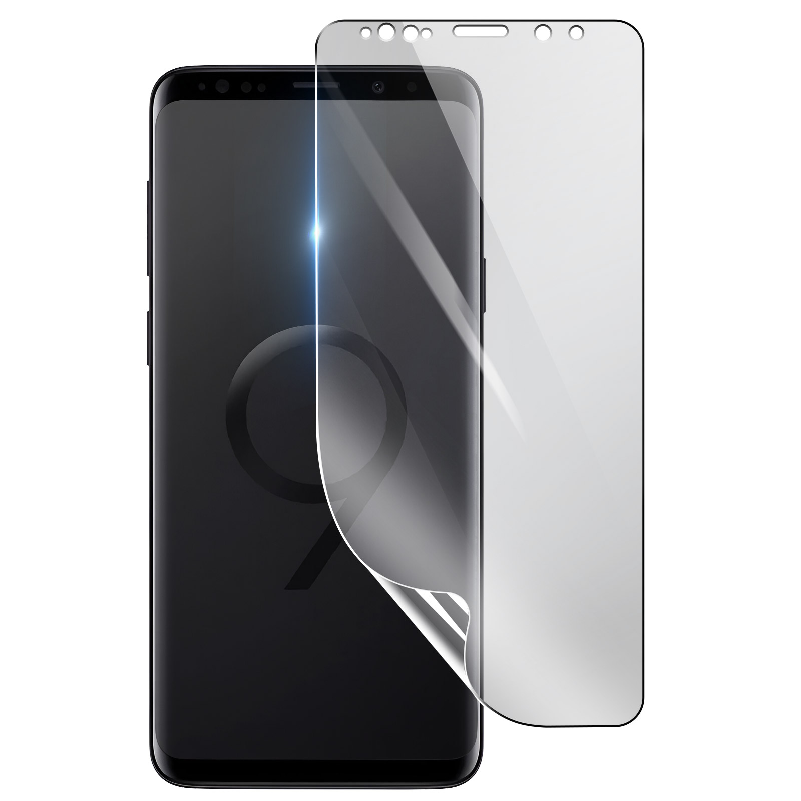 Uno smartphone nero con una protezione per lo schermo in fase di applicazione. La protezione è trasparente e parzialmente staccata.