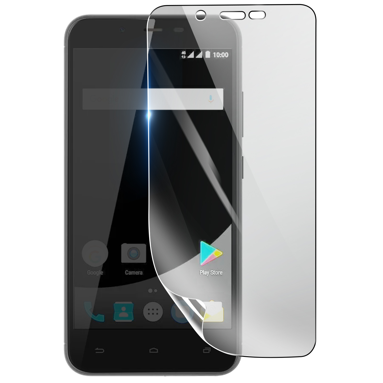 Uno smartphone con una protezione per lo schermo che si stacca. Il telefono ha icone per Google, Fotocamera e Play Store. La protezione è trasparente.