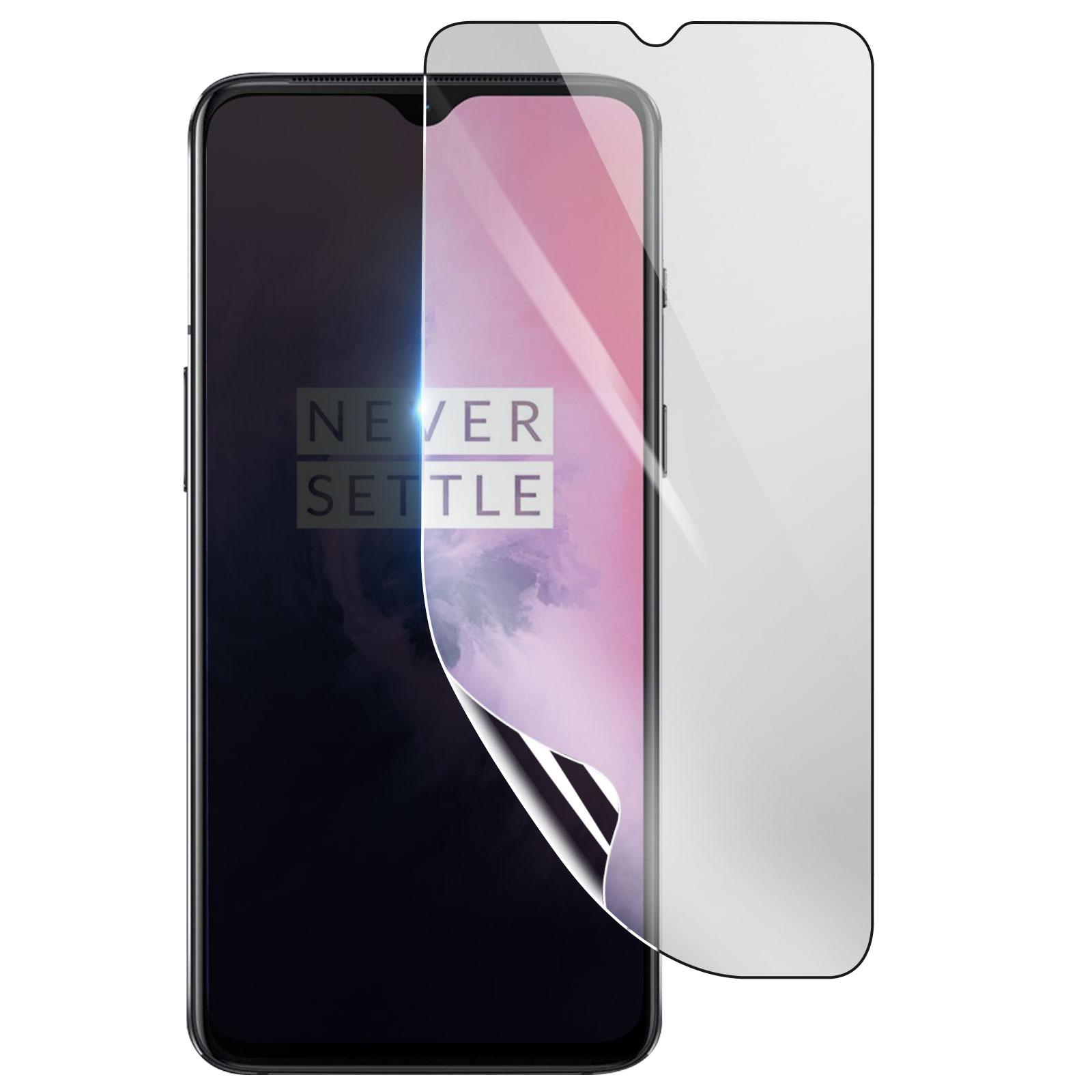 Uno smartphone con protezione schermo. Lo schermo mostra "NEVER SETTLE". La protezione è parzialmente staccata.