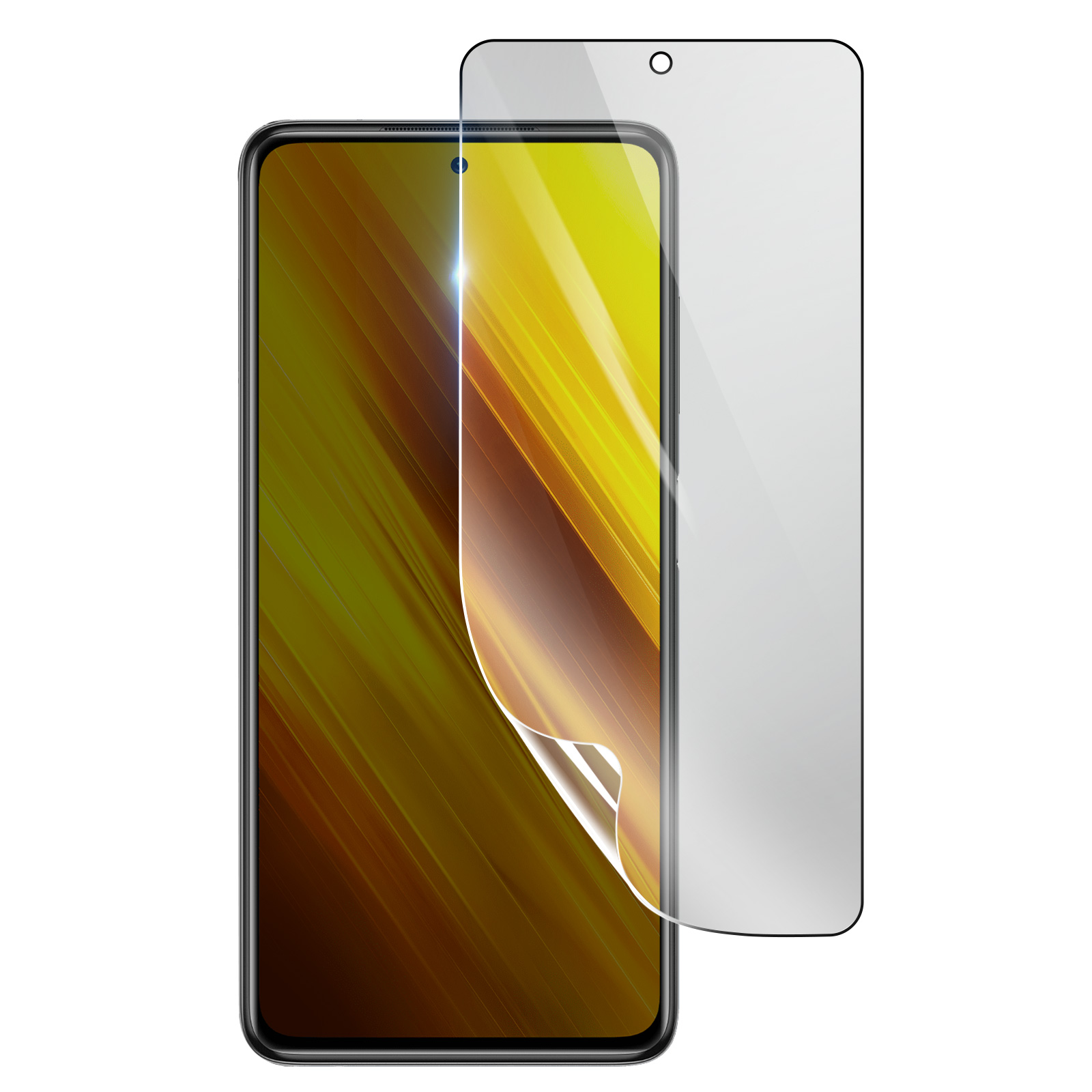Uno smartphone con una protezione per lo schermo applicata. La protezione è parzialmente staccata.
