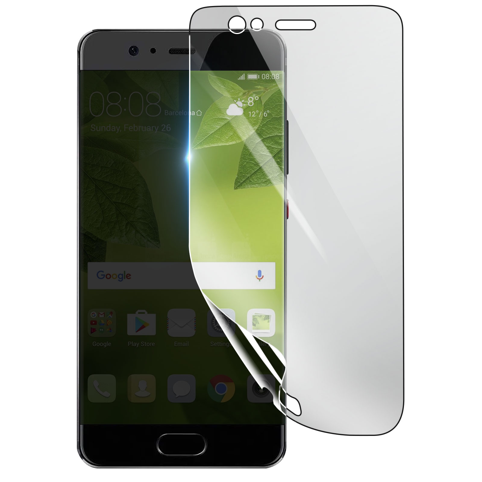 Uno smartphone con una protezione per lo schermo che viene rimossa. Lo schermo mostra l'ora e il meteo.