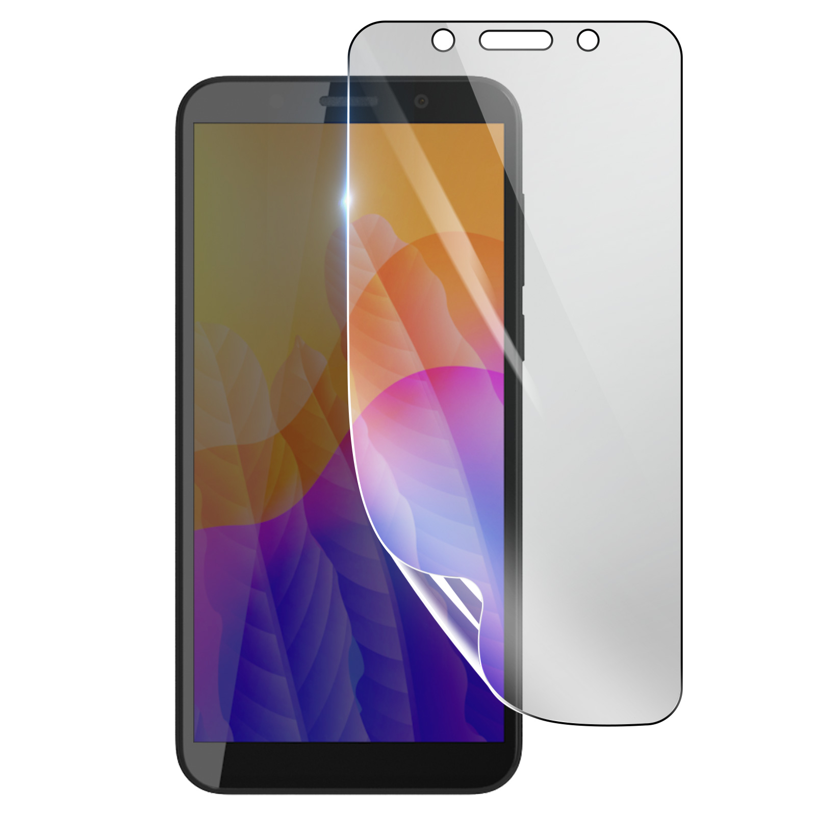 Uno smartphone con una protezione schermo. Lo schermo mostra forme astratte colorate. La protezione è parzialmente staccata.